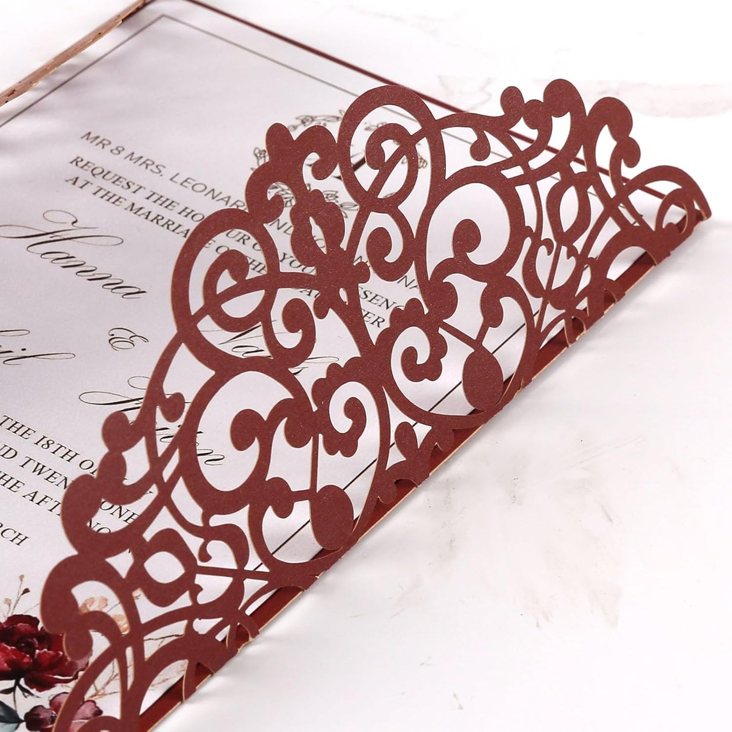 50pcs Burgundy Wedding Invitation Cards Pocket with Envelope Blank Inner Sheets Ribbons laser Cut invitations for Wedding Bridal Shower QuinceañEra Engagement Birthday Invites