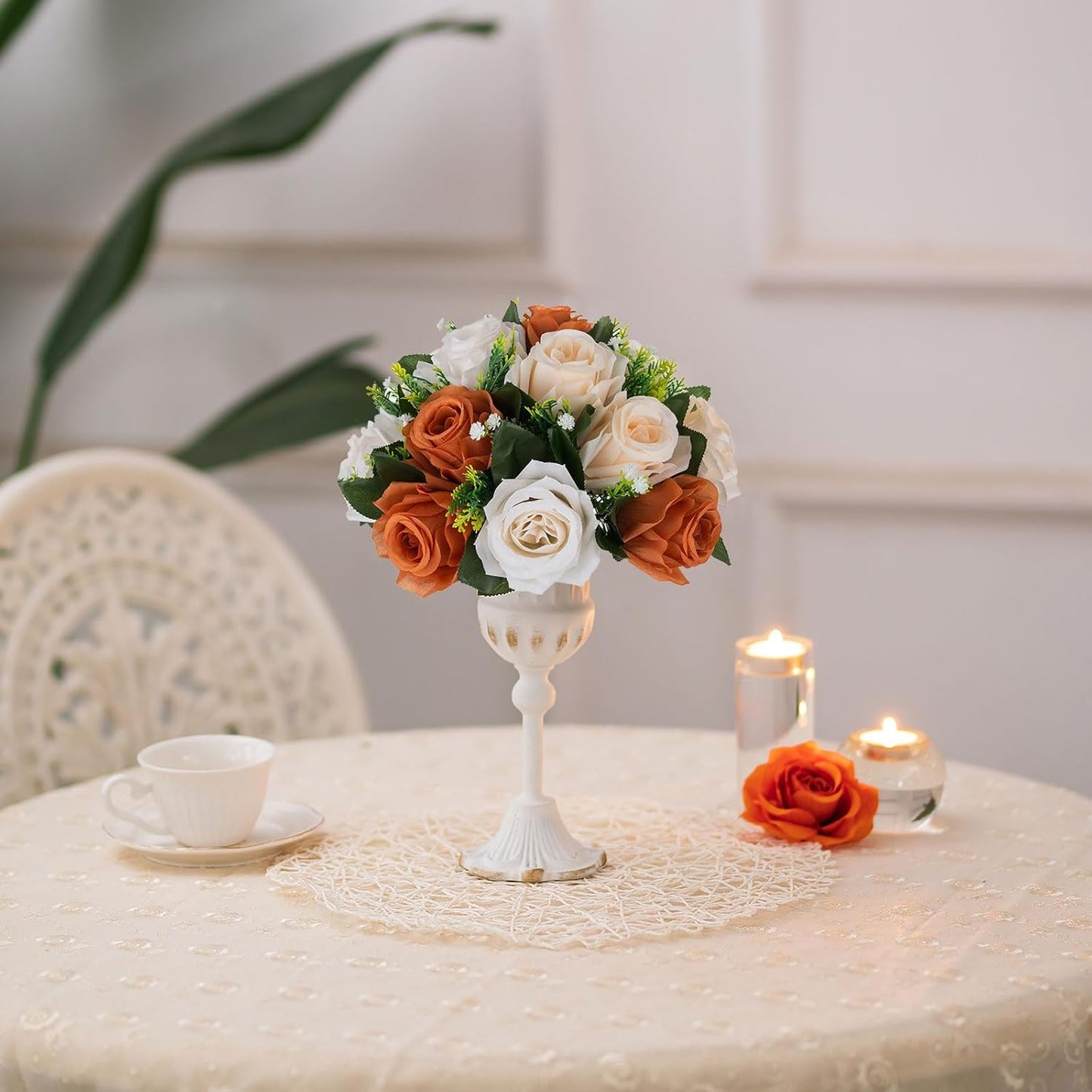 BLOSMON Flower Balls Wedding Centerpieces: 10 Pcs Terracotta Fake Rose Kissing Balls Table Decor - Fall Artificial Silk Bouquet with Base Floral Arrangements Home Party Room DIY Decorations