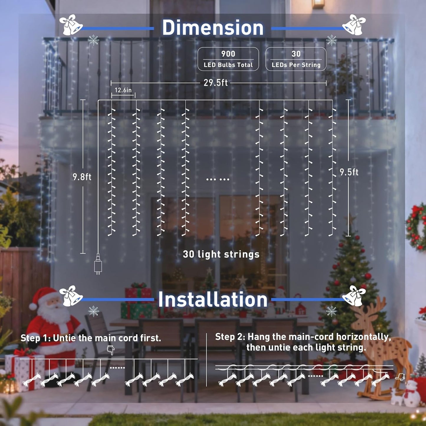 JMEXSUSS 900LED Christmas Curtain Lights Outdoor with Remote, 9.5x29.5ft White Christmas Lights Indoor Plug in, Hanging String Lights for Bedroom Wedding Backdrop Wall Window Xmas Decoration