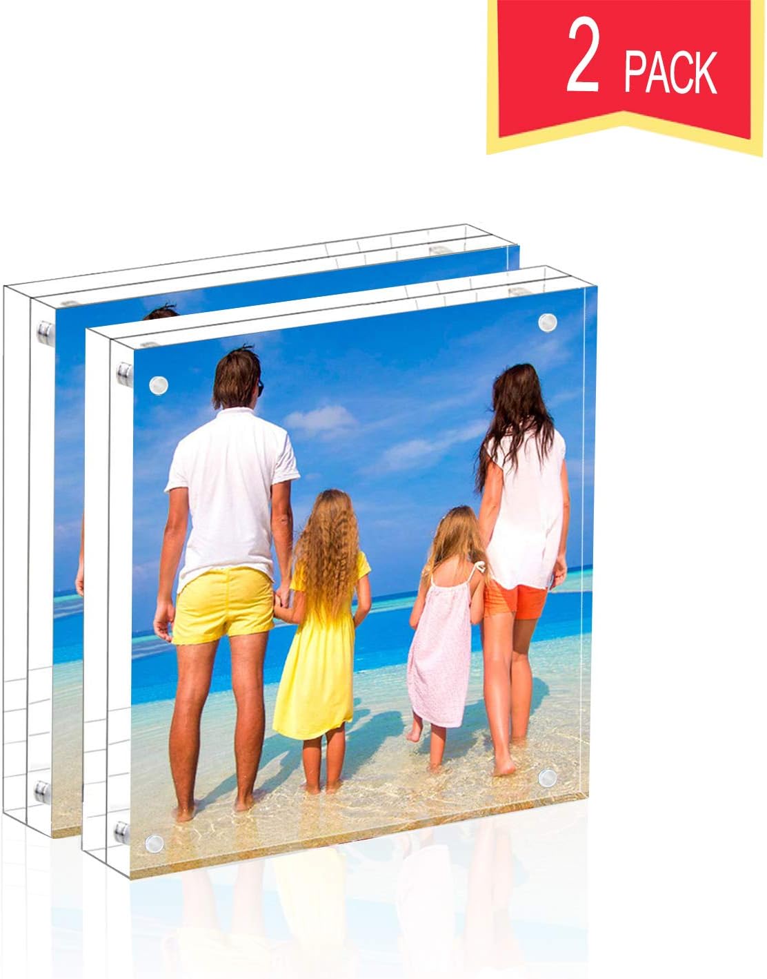 Meetu Acrylic 5x5 Picture Frame 2 Pack Clear Two Sided Desk Photo Frame Magnetic Frame Inner Size 4x4 with Gift Pack for Display Family Pictures Baby Photos Friends Pictures Pet Dog Picture