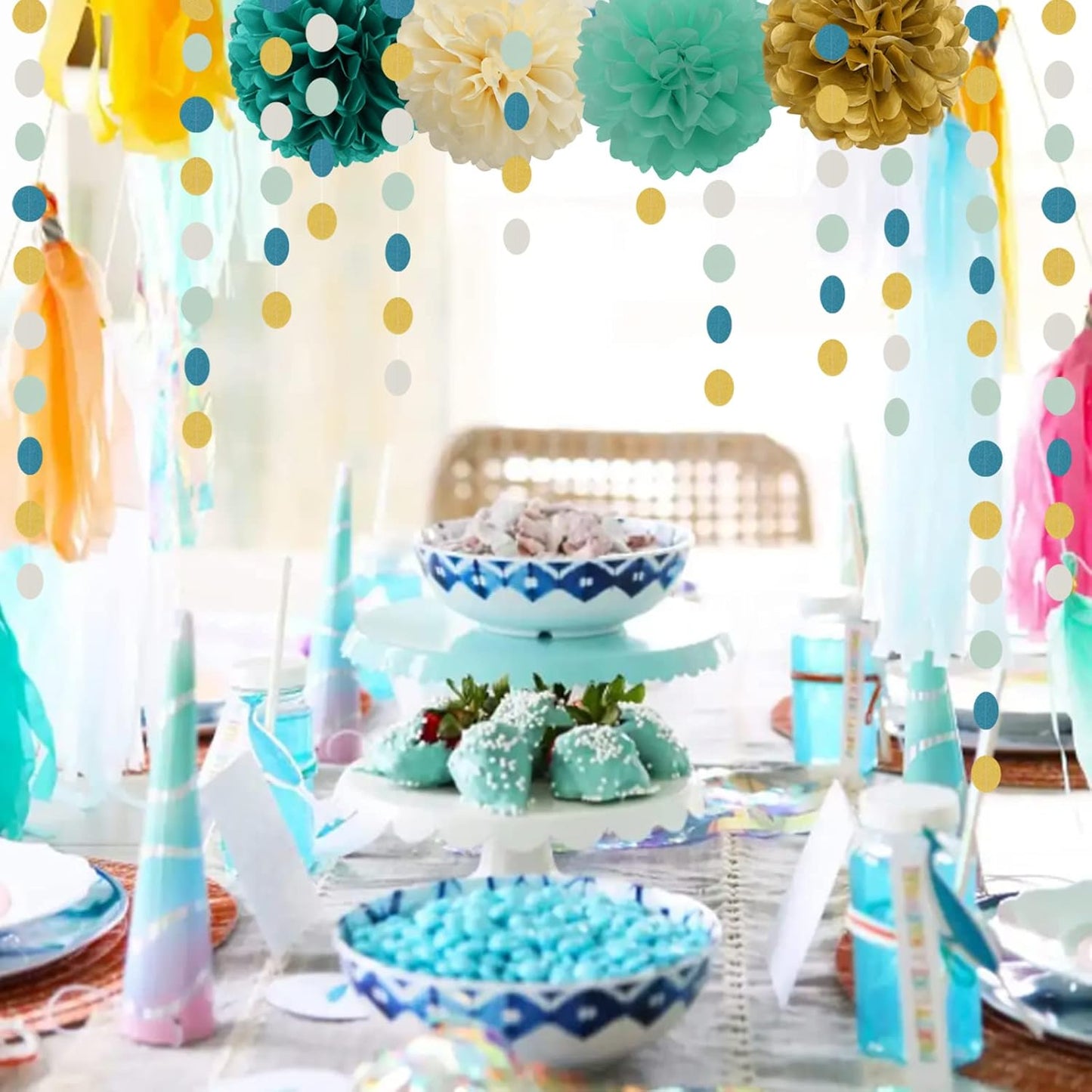 Teal-Blue Mint Beige-Gold Party Decorations - 30pcs Rustic Wedding Tissue Pom Poms Streamers,Tassel Garland Banner,Women Birthday Bachelorette Engagement Party Decor Bunting Lasting Surprise