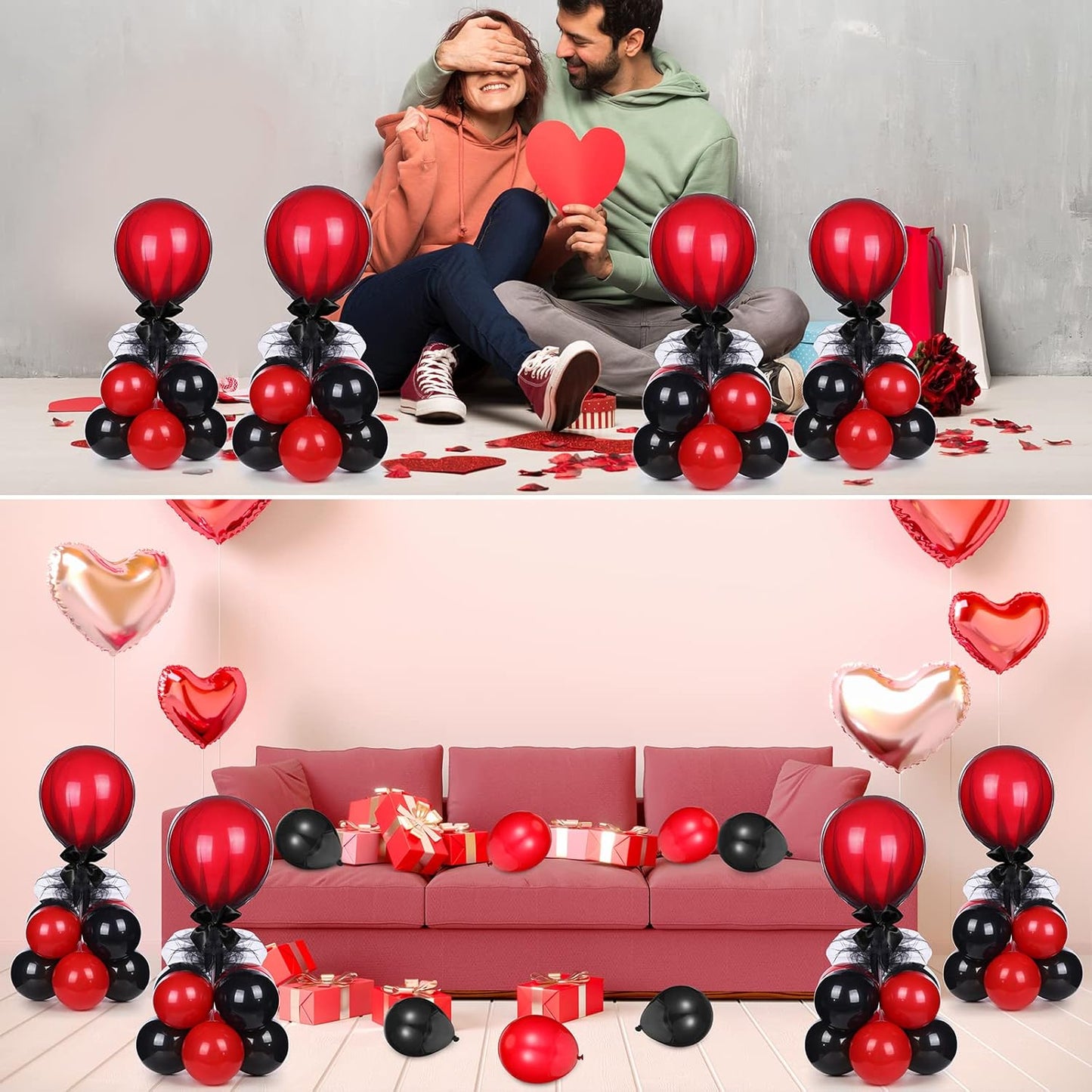 BBTO 8 Set Table Centerpieces Balloons Stand Kit, 80 Pcs Latex Balloons and Table Stand Holder with Base Tulle for Wedding Birthday Baby Shower Party(Black and Pomegranate Red)