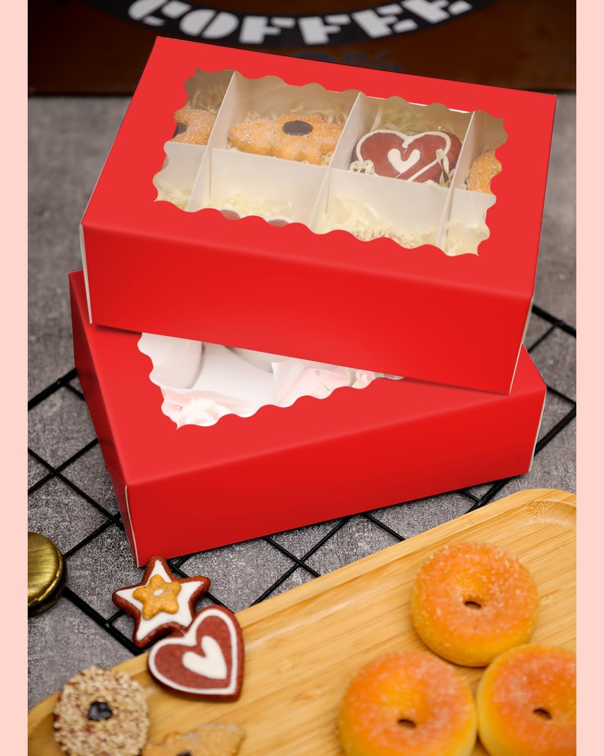 qiqee Auto-pop up Red 6 Cupcake Boxes with Window 30 Packs Cupcake Box 9"x6.1"x3.3" Bakery Boxes For Cupcakes Carrier, Cupcake Containers