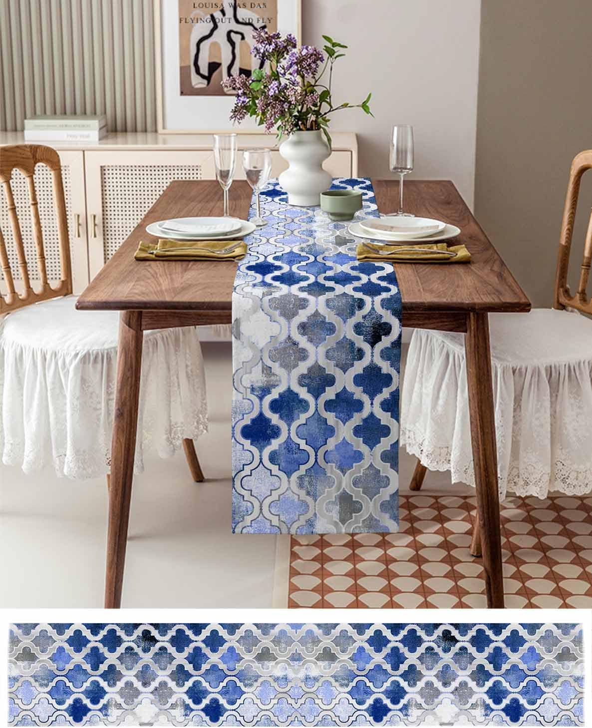 Blue Morocco Plaid Cotton Linen Table Runner for Dining Kitchen, Wedding Outdoor Party Tablerunners Decoration, Distressed Abstract Painted Vintage Dresser Scarf Coffee Tablecloth Runners 13x72 Inches