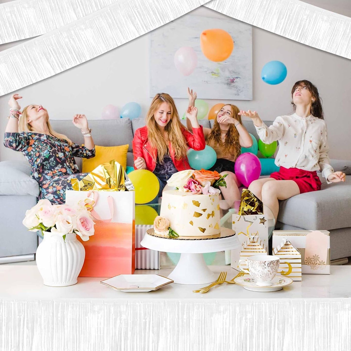 6 Pack 10 Ft Macaron White Foil Fringe Garland Metallic Streamers Tinsel Banner Wall Hanging Garland Backdrop for Parade Floats, Halloween, Christmas, Thanksgiving, New Year Party Decorations