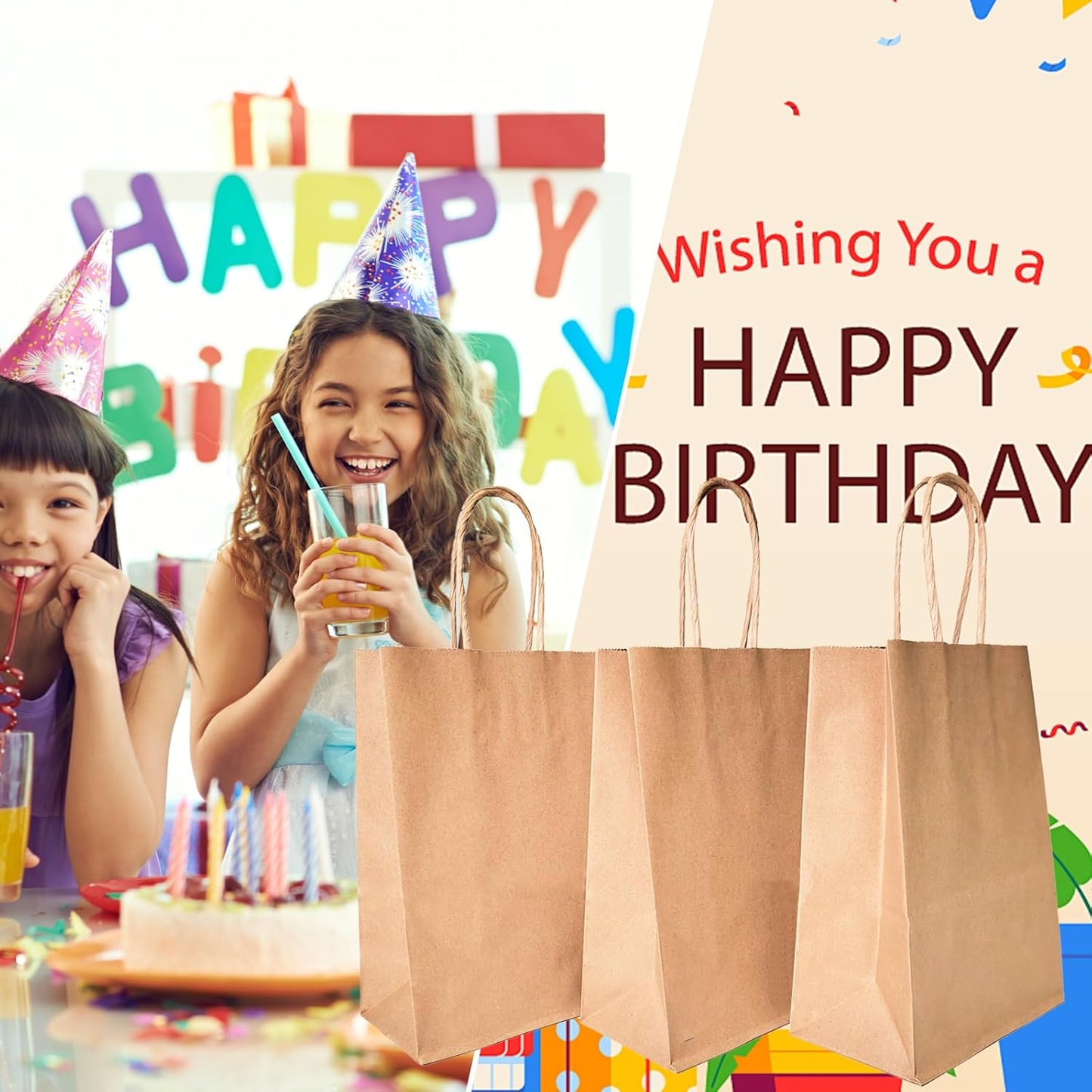 BAG BOX 50 Pack 5.9x3.1x8.25 Inch Brown Gift Bags with Handles,Bulk Kraft Paper Bags for Shopping, Retail, Merchandise, Wedding, Party Favors, Paper Grocery Sacks