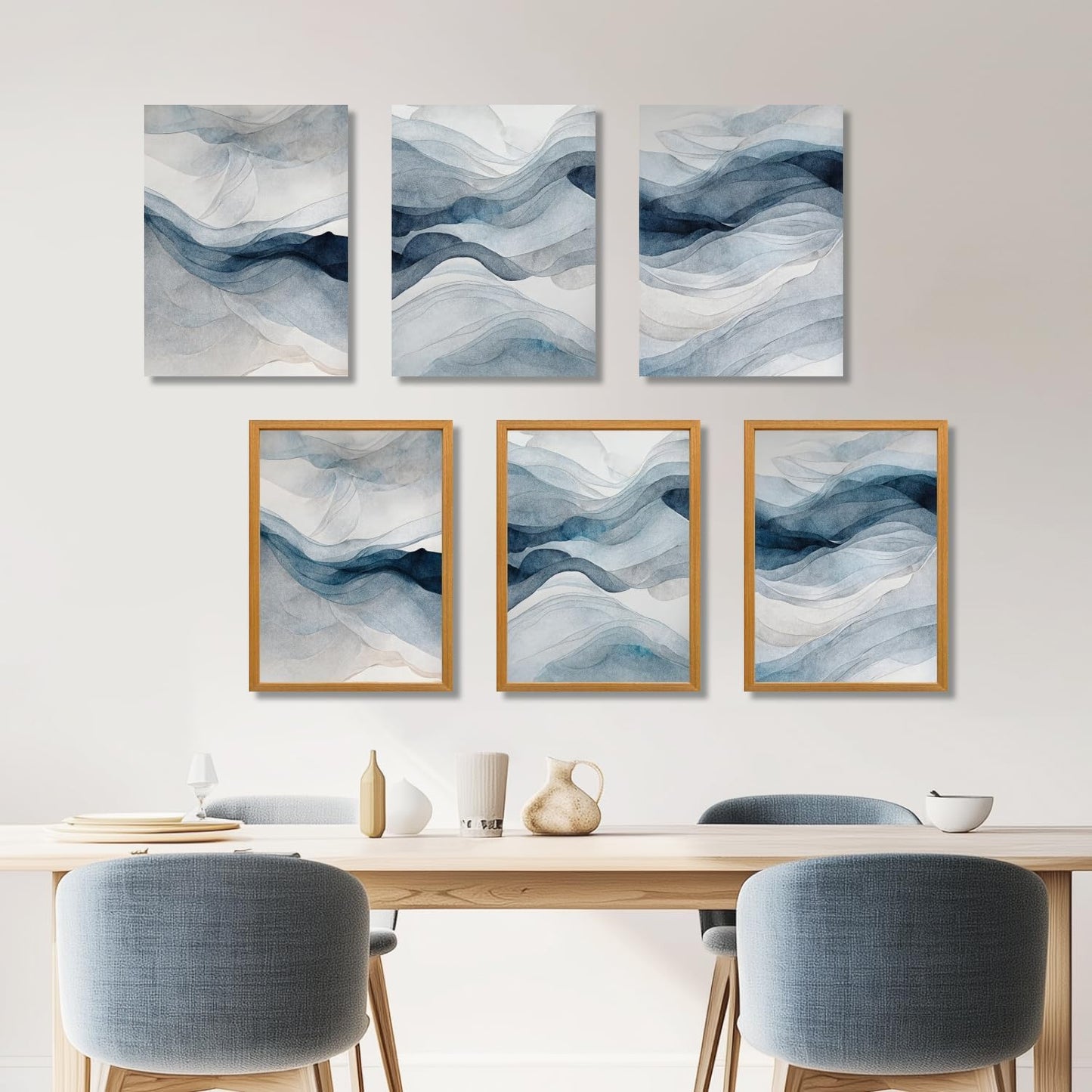 IAFWZX Framed Blue Gray Abstract Wall Art, Modern Minimalist Waves Wall Decor, Neutral Watercolor Line Canvas Paintings, Navy Blue Watercolor Poster Prints for Bedroom Living Room Office 16"x24"x3