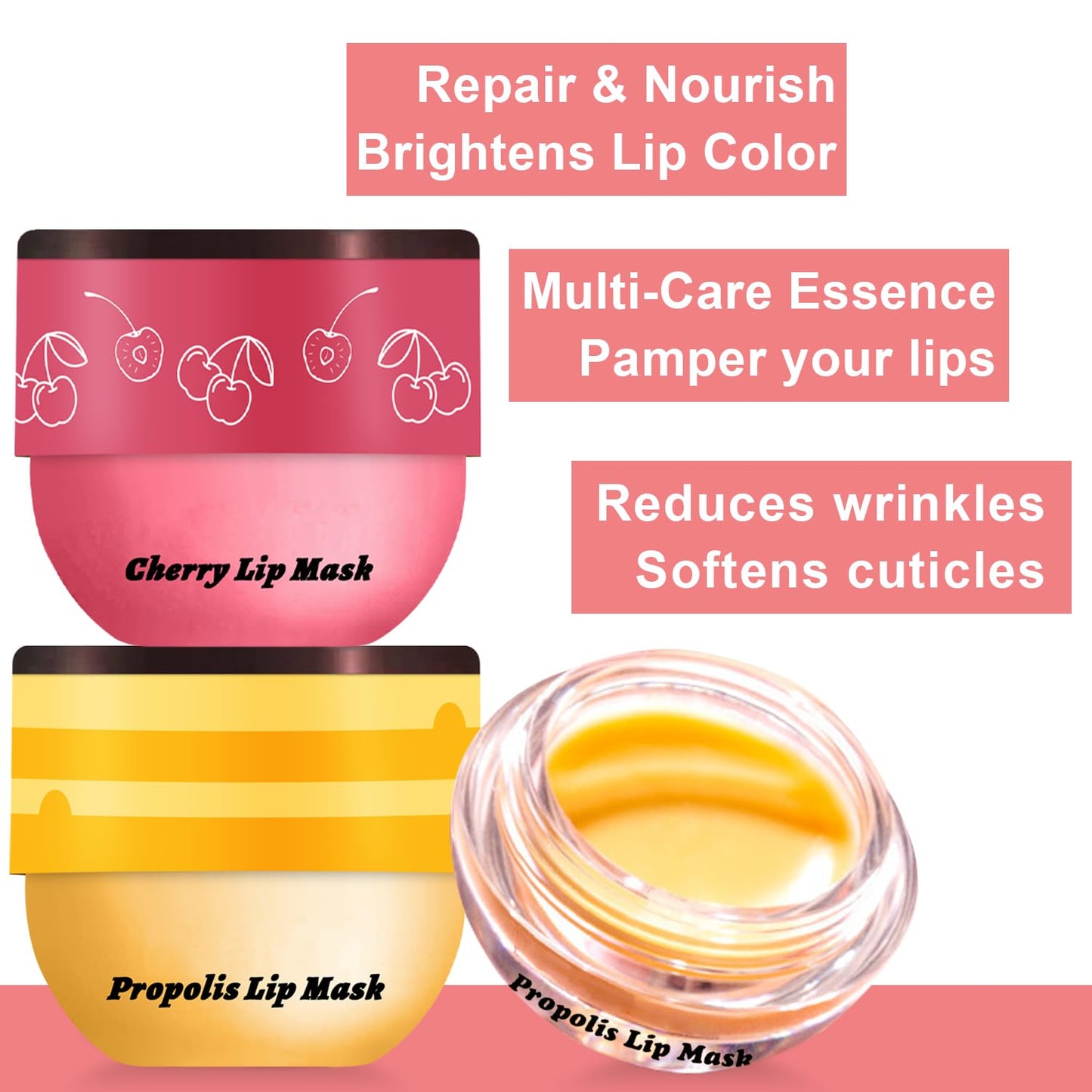 3 PCS Bee Lip Balm Mask Honey Pot, Watermelon, Cherry & Coconut Propolis Moisturizing, Hydrating Prevention for Dry and Cracked Lips, Scrubs Exfoliator (Cherry, Honey & Apple Lime)