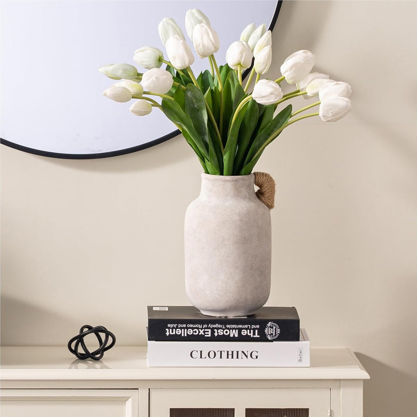 Ceramic Flower Vase Home Decor - 9.7 inch Large White Rustic Table Flowers Vases Living Room Bedroom Plant Decoration Farmhouse Vintage for Kitchen Shelf Office Coffee Dining Desk House Women