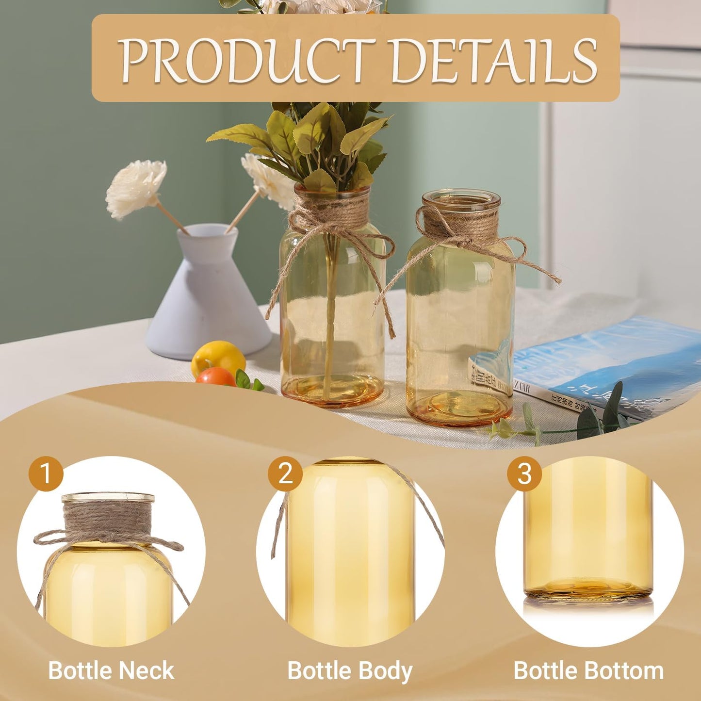 Gold Vases for Centerpieces Set of 6, Mason Jars Boho Cylinder Bud Vases in Bulk, for Weddings Parties Vintage Home Decor