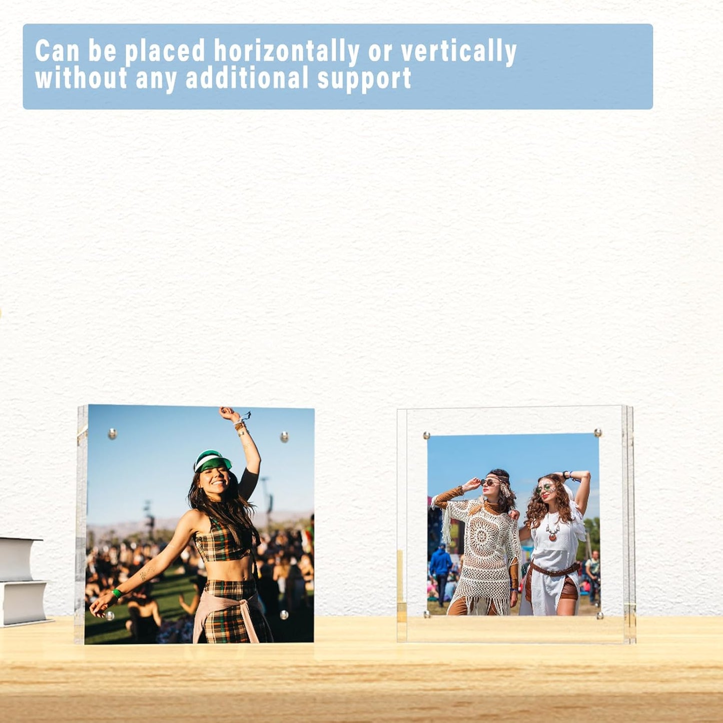 HELPLEX 5 Pack 5x5 Acrylic Picture Frames, 20mm Thicker Frameless Clear Frame Double Sided Magnetic Frame, Free Standing Desktop Display Stand Acrylic Frames