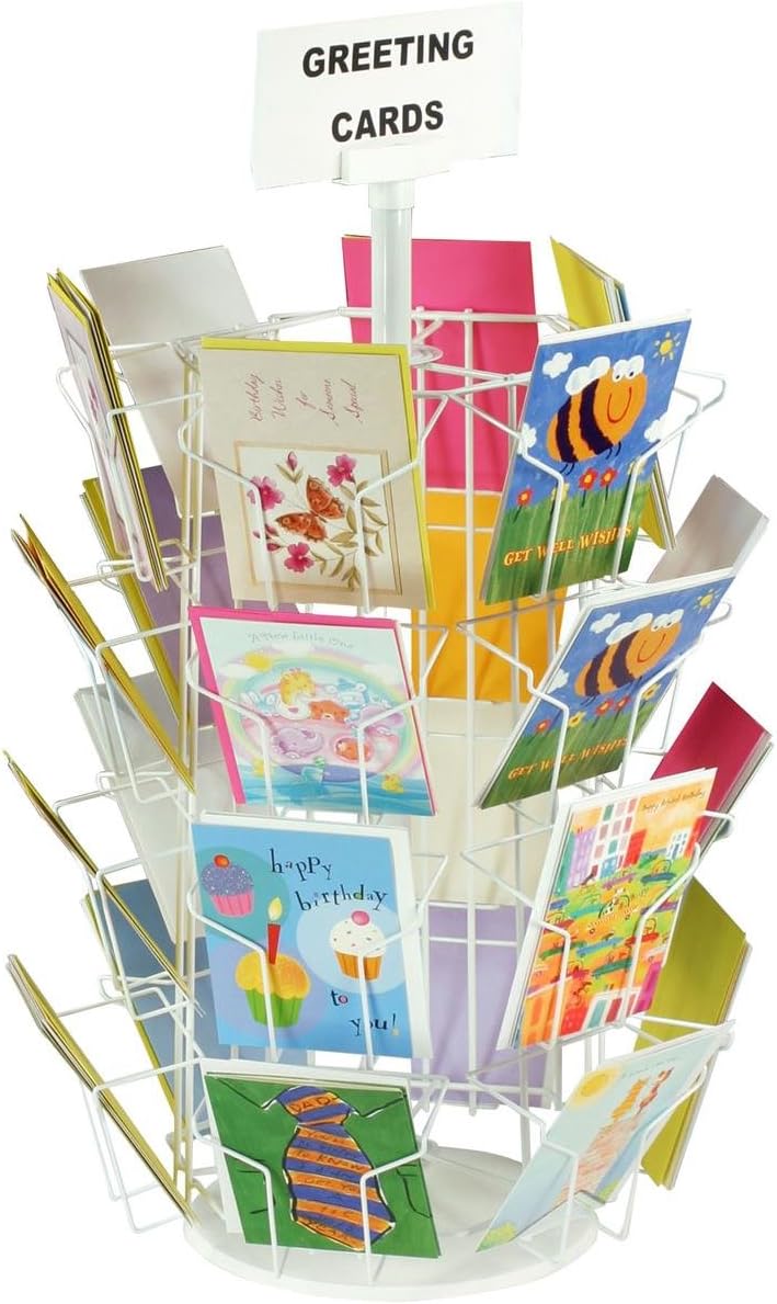 Greeting Card Rack with Twenty-Four 5 x 7 Pockets for Countertop Use, 29 Inch Tall Four - Tier Hexagon Wire Display Stand - White Wire with Plastic Base and Sign Holder