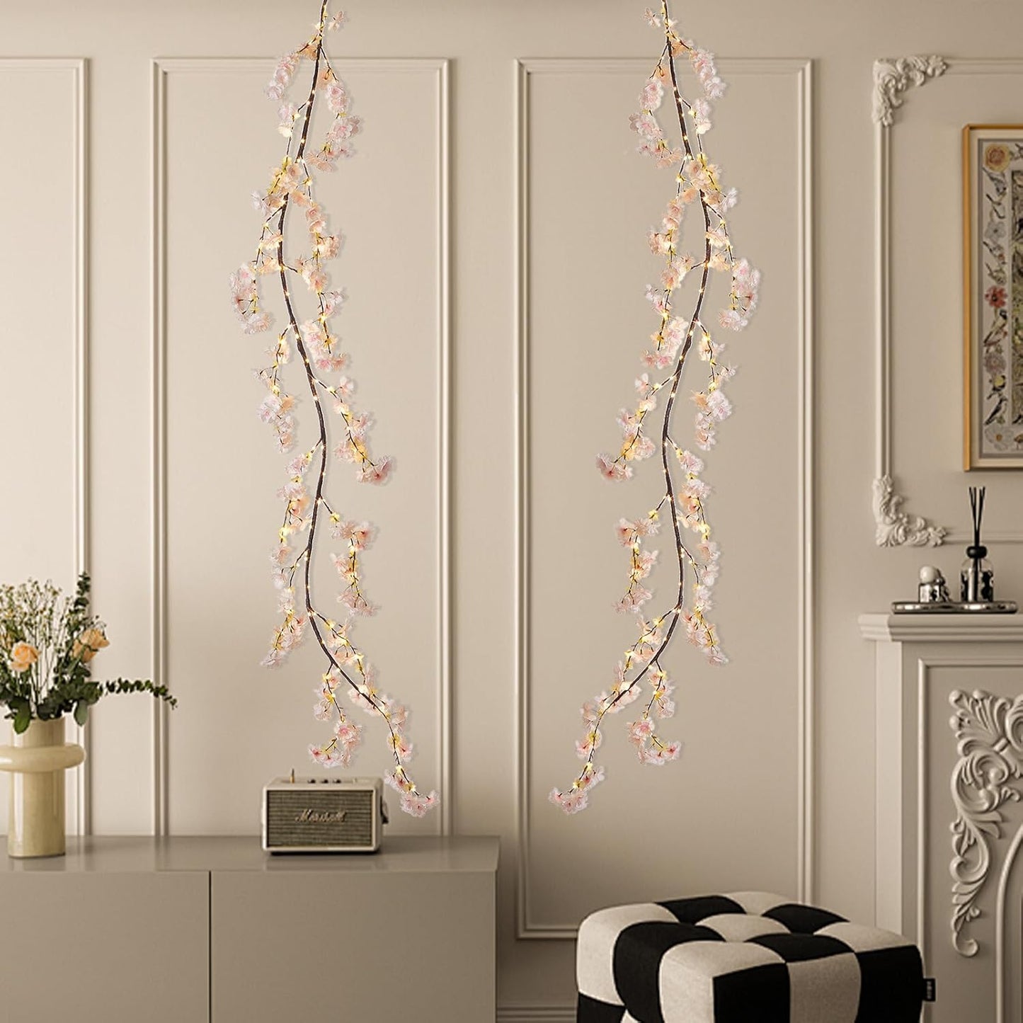 Fudios Lighted Garland Spring with Cherry Blossom 96 Fairy Lights 6FT for Mantle Year Round,Flower Garland with Lights with Timer Battery Operated for Wedding Party