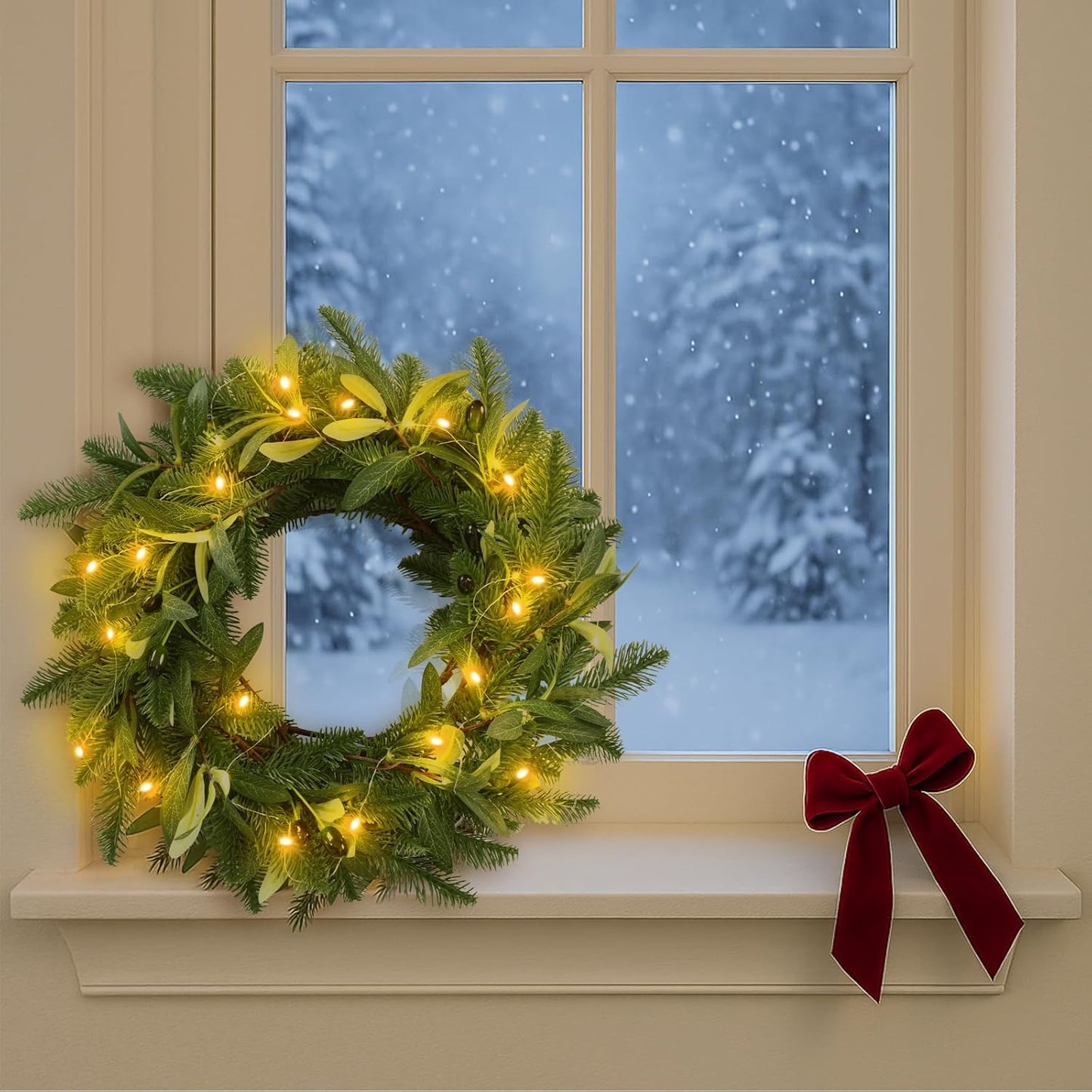 6.56 ft Christmas Artificial Olive Vine with Pine Garland with 9.84 ft LED Fairy Lights Battery Operated Green Dense Artificial Vines for Table Runner Center of Holiday Wedding Arch Party Mantle