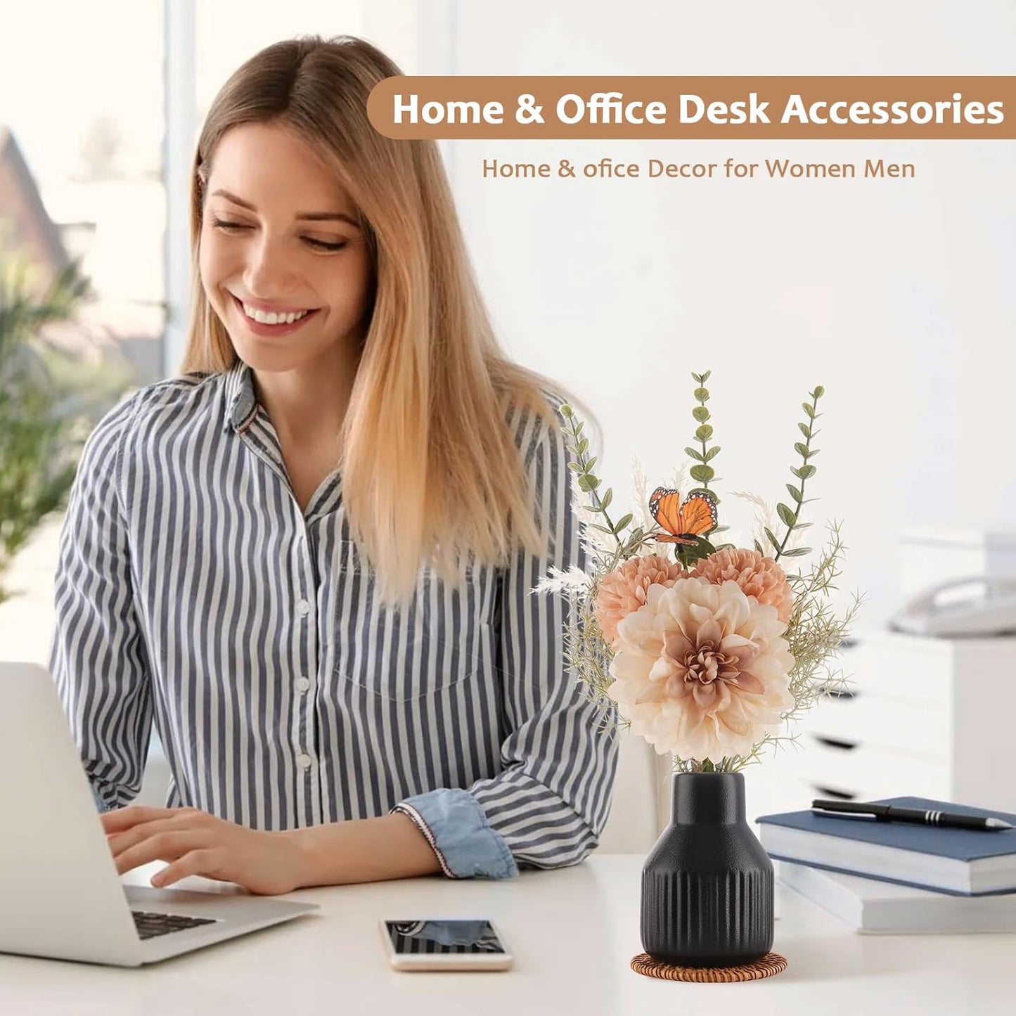 Small Fake Flowers in Vase 14" Centerpiece Table Decorations Silk Flowers Arrangements Ceramic Vase Dahlia Chrysanthemum Artificial Flowers Bouquet for Bathroom Dining Room Kitchen Wedding (Black)