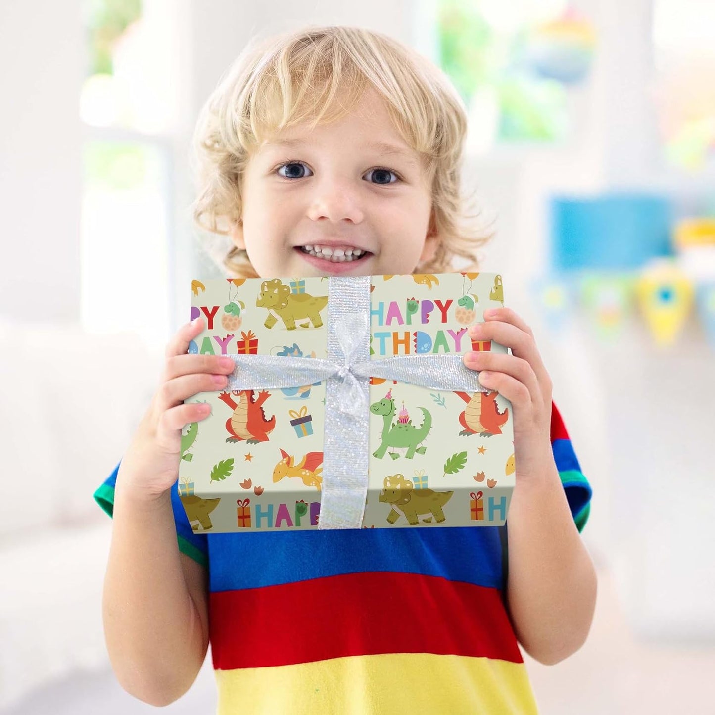 Aimyoo Dinosaur Birthday Wrapping Paper Roll - 17 Inch X 16.4 Feet - Green Happy Birthday Dino Pattern Gift Wrap Paper for Boys Party, Baby Shower, Holiday