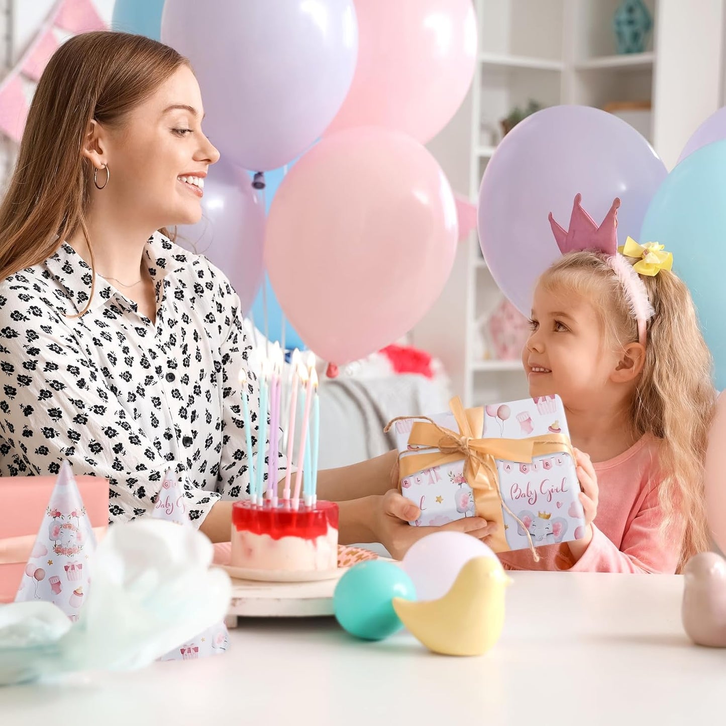 Aimyoo Pink Baby Shower Wrapping Paper Roll - 17 Inch X 16.5 Feet - Cute Elephant with Baby Girl Letter Design Perfect for Girls, Birthday, Party