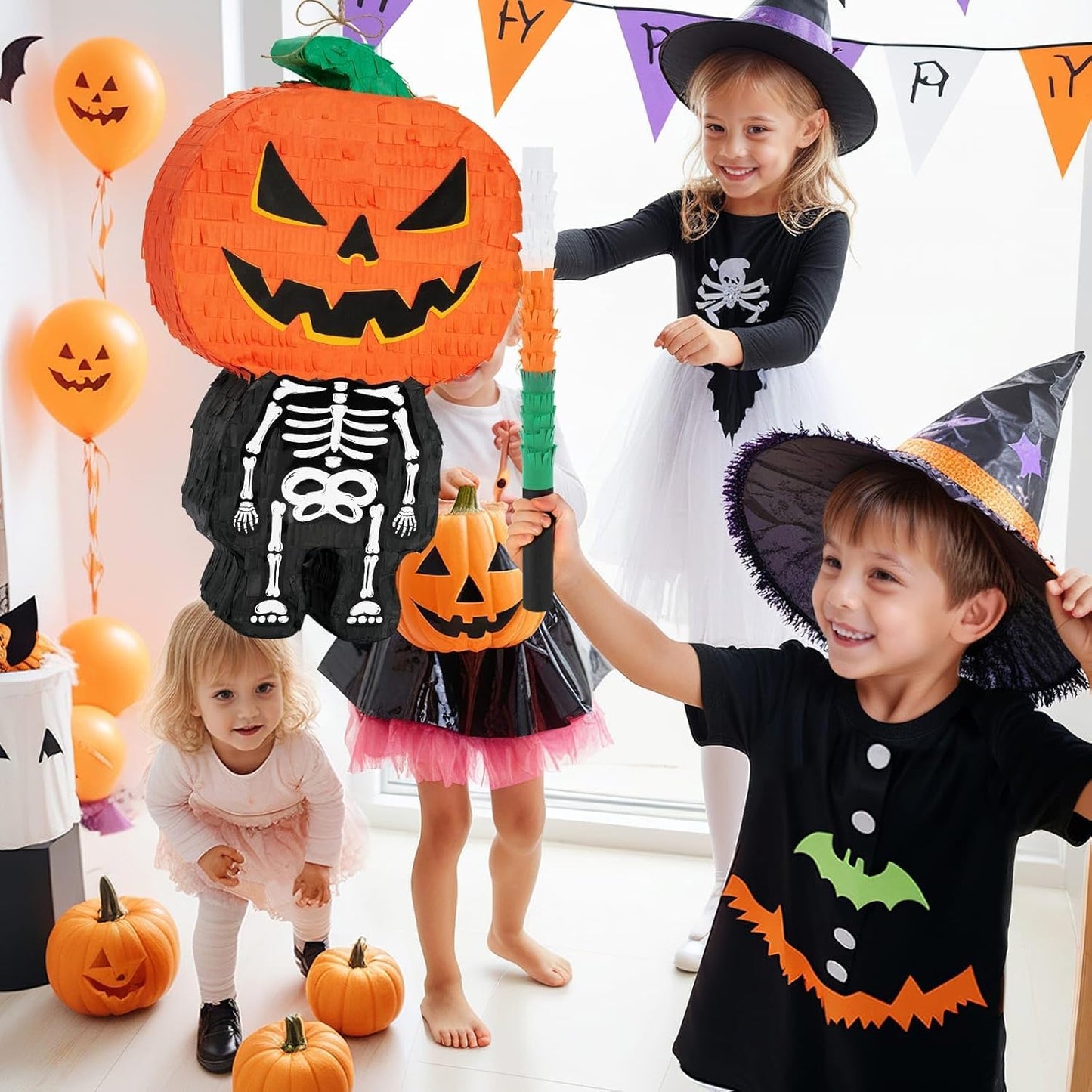 WERNNSAI Halloween Skull Pumpkin Piñata - Pumpkin Skull Pinata Halloween Scary Party Candy Game Supplies for Kids Trick Treat Party Jack o Lanterns Decorations Favor with Blindfold & Bat