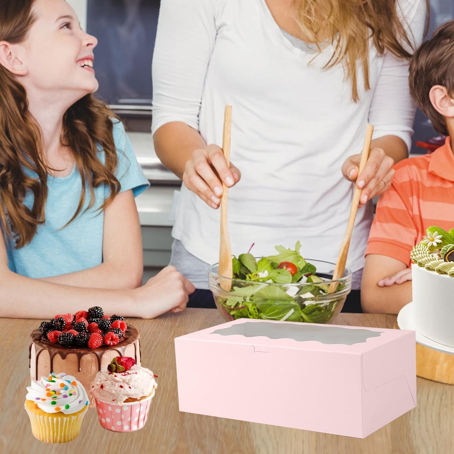 JCD 8 Packs Pink Bento Cake and Cupcake Box 5 Holes Fit 4 Cupcakes and 1 Mini Cakes Cupcake Combo Boxes for Party Bakery Supplies (Pink 1+4/8Pcs)