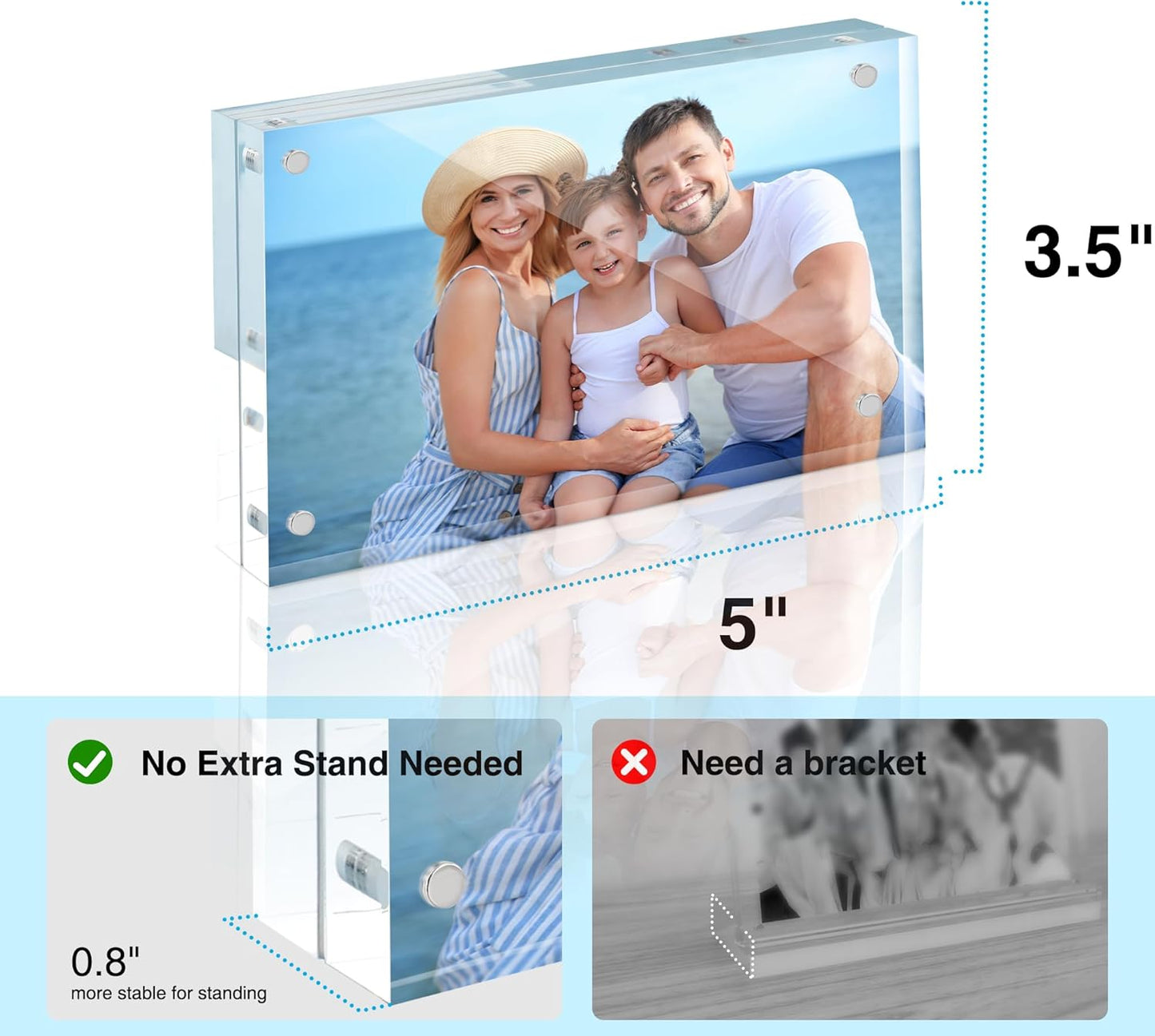 HOUSE DAY Acrylic Picture Frames 3.5x5, 1 Pack Magnetic 3.5 x 5 Picture Frame, Double Sided Clear 3.5x 5 Photo Frame with Microfiber Cloth, Frameless FreeStanding 3.5x5 Frame Gift for Desktop Display