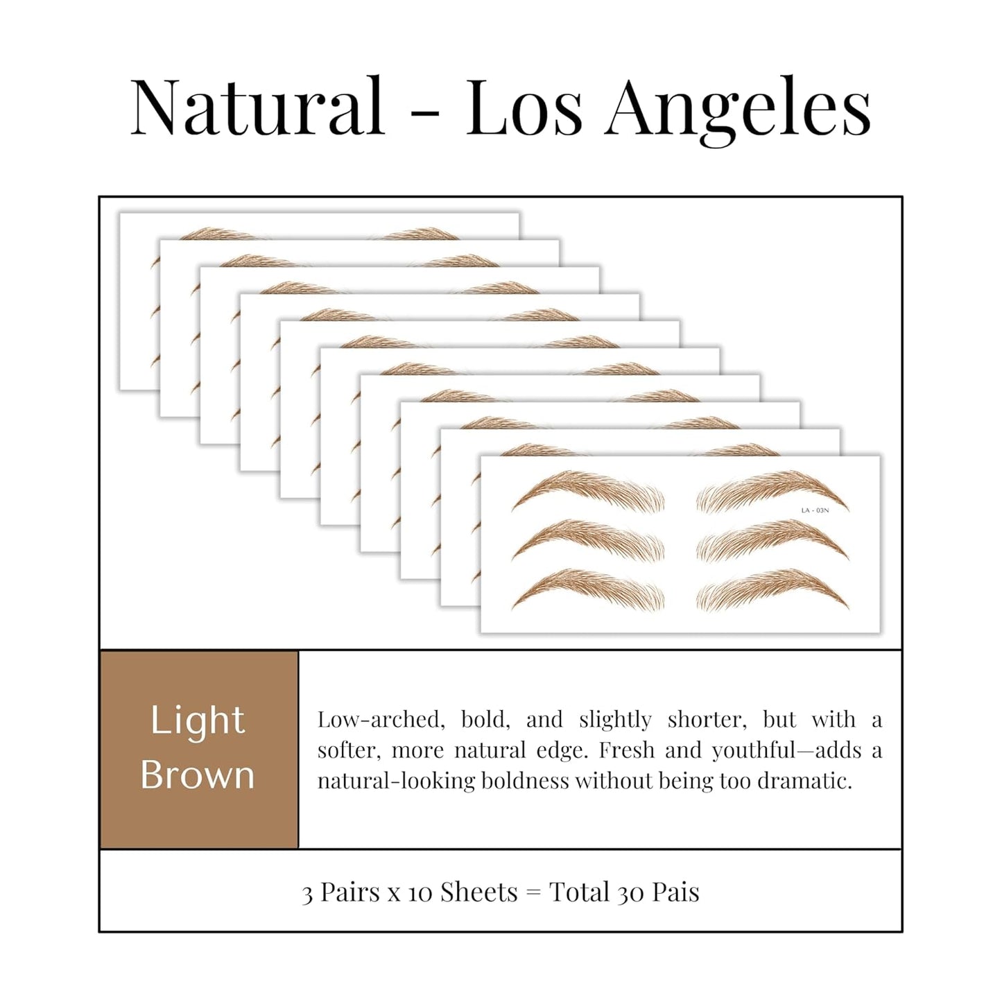 Bliss and Beyond USA Eyebrow Tattoo Stickers Waterproof – 30-Pair Deluxe Box | Realistic Hair-Like Temporary Brows for Alopecia, Cancer, and Hair Loss (Light Brown, Natural Los Angeles)