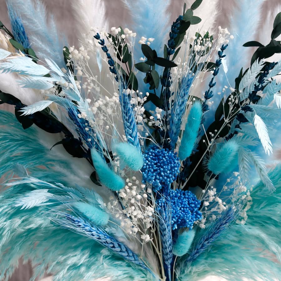 Blue Dried Flowers Bouquet with Pampas Grass - Boho Home Decor and DIY Floral Arrangements for Bedroom, Office, and Wedding Centerpieces