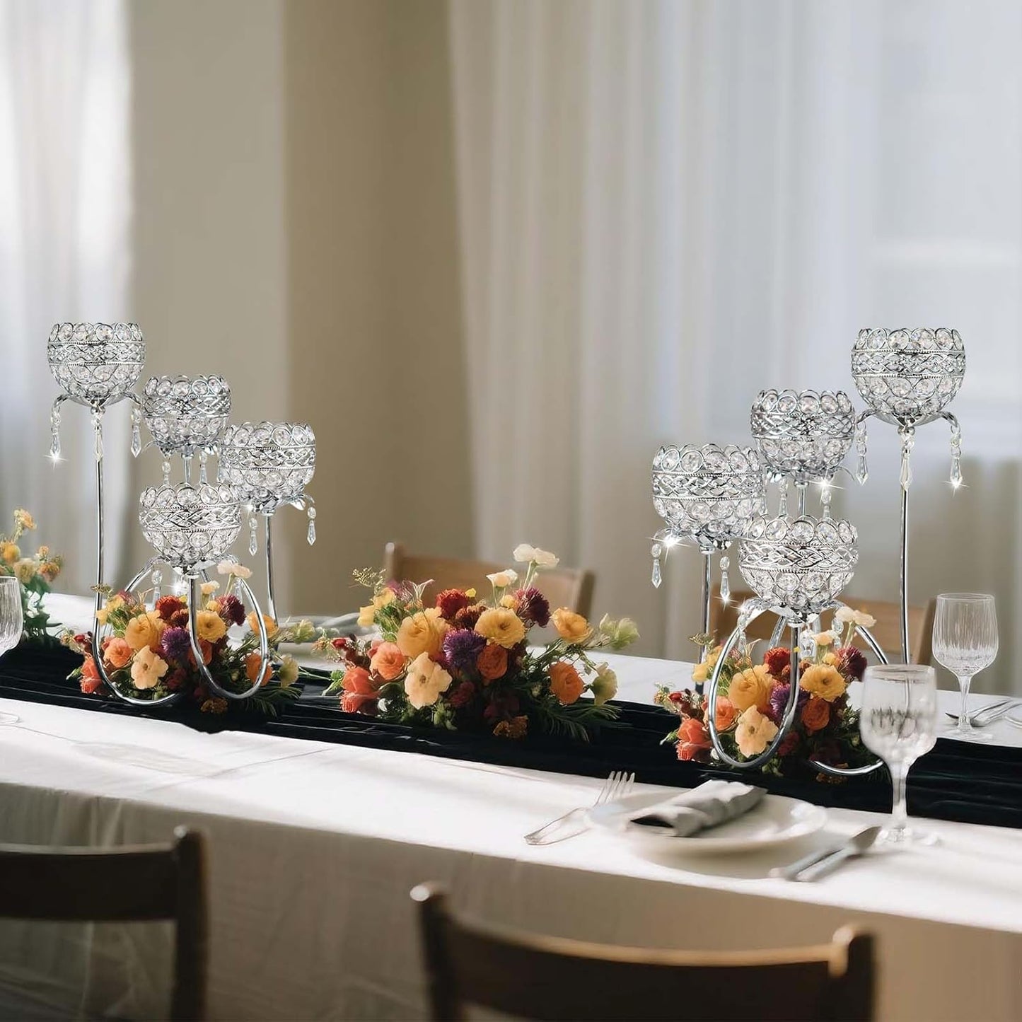 4 Arms Crystal Candelabra Tealight Holder - Tall 15.7 Inch Elegant Centerpiece with Crystal Pendant Bowls & Artistic Metal Stand for Wedding, Dining Table, Home Decor (4, Silver)