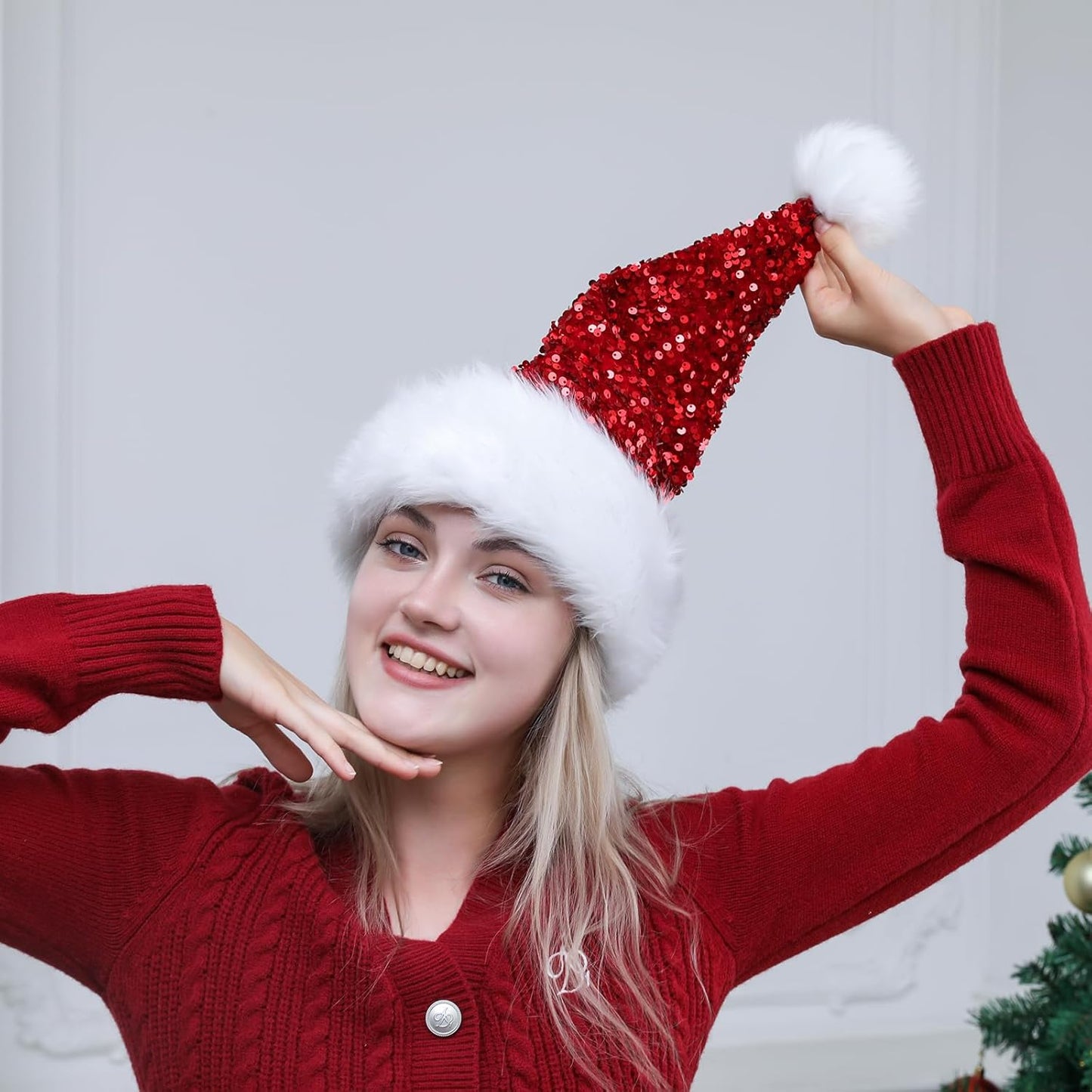 Personalized Sequin Santa Hat for Adults, Red Glitter Christmas Party Hat, Xmas Halloween New Year Holiday Headwear