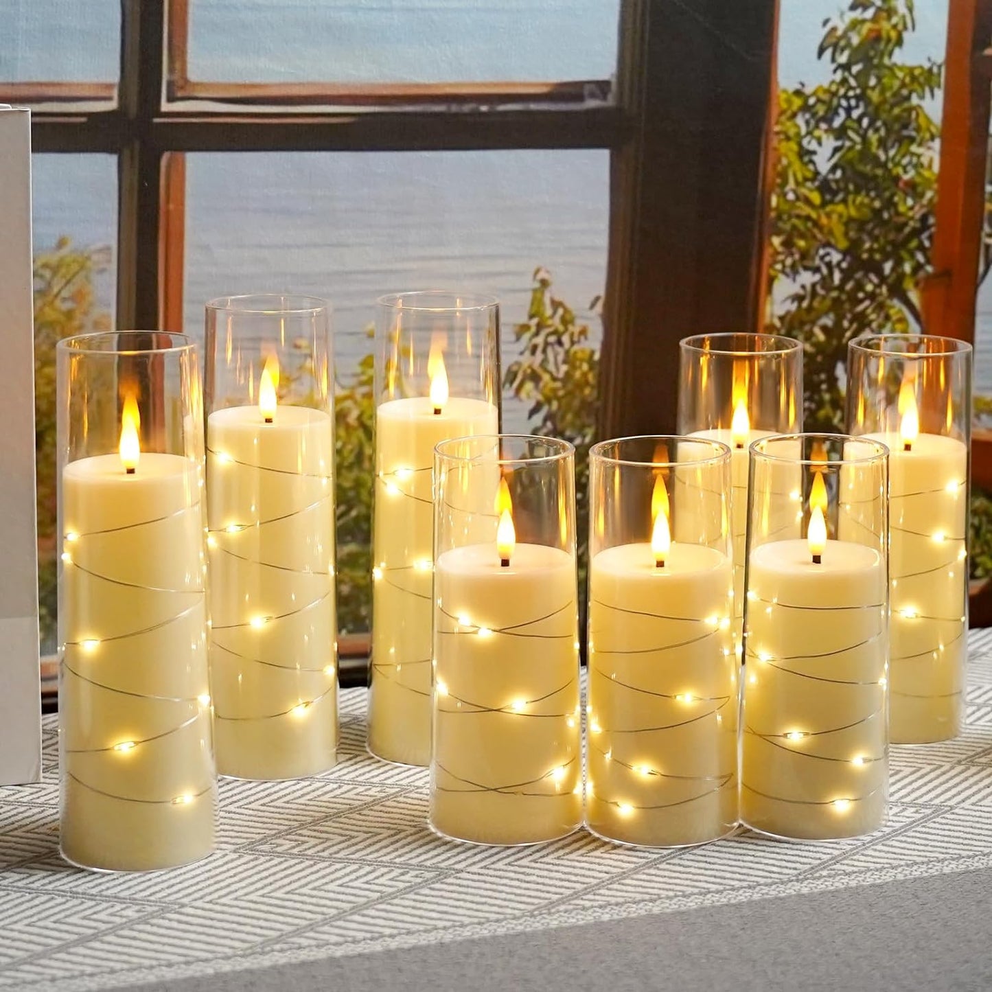 Flameless LED Candles with Timer 9 Pc Flickering Flameless Candles for Romantic Ambiance and Home Decoration Stable Acrylic Shell,with Embedded Star String,Battery Operated Candles(Ivory)