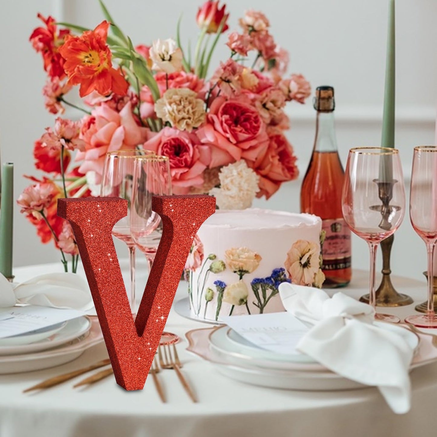 TONIFUL 8 Inch Red Glitter Letter V Table Centerpiece A-Z Red Birthday Party Decorations,Red Alphabet V for Birthday,Chrismas,Graduation,Bridal Shower,Wedding,Anniversary Party Supplies