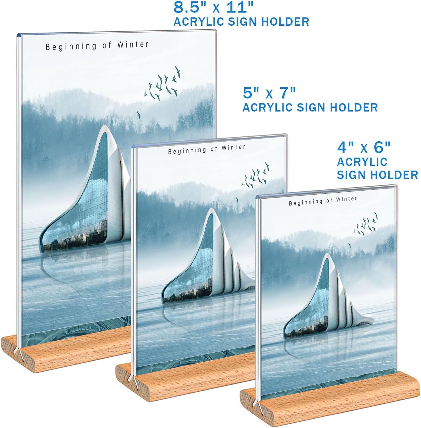 Kersally Acrylic Sign Holder 5 x 7, 4 Pack Double-Sided Clear Table Display Stands with Wood Base,Vertical Acrylic Frame Menu Flyer Paper Holder for Stores, Restaurants, Hotels, Office, Show Fair