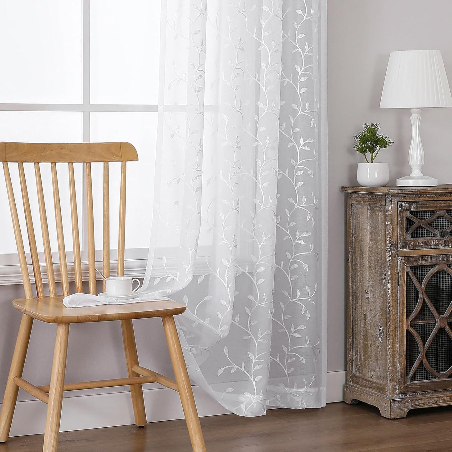 VISIONTEX White Sheer Voile Curtains, Decorative Leaves Embroidery Faux Linen Rod Pocket Window Drapes for Home Kitchen, Living Room and Bedroom 54 x 72 Inch, Set of 2 Curtain Panels