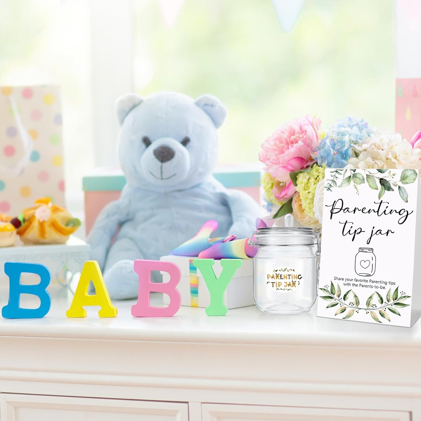 Roowest Baby Shower to Baby Advice Cards for New Parents to Be - Tip Jar Sign for New Parents 60 Parenting Advice Cards 10 HB Pencils 2 Cute Stickers 1 Pet Bottle for Guests Games(Animal)