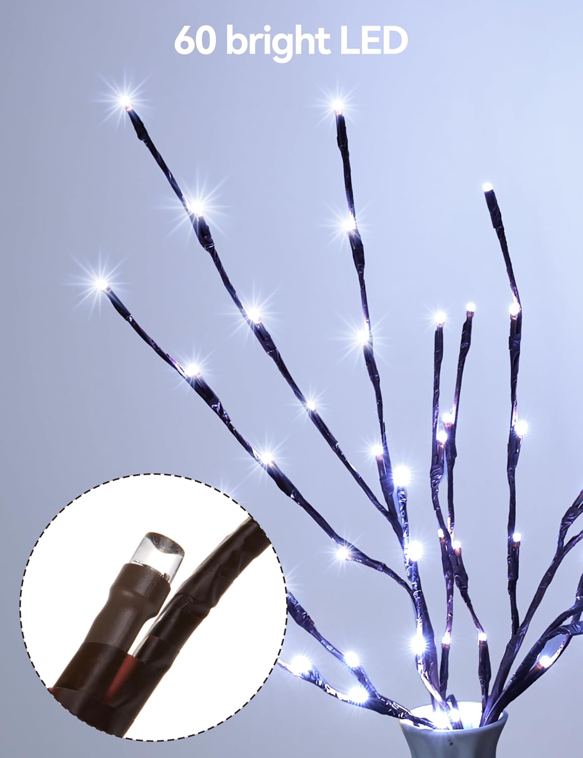 3 Pack Lighted Branches for Vases Plug in - 24Inch 60 LED Christmas DIY Twig Pathway Lights, Artificial Tree Bendable Xmas Fairy Lights with Stakes for Outdoor Indoor Party Decoration, Pure White
