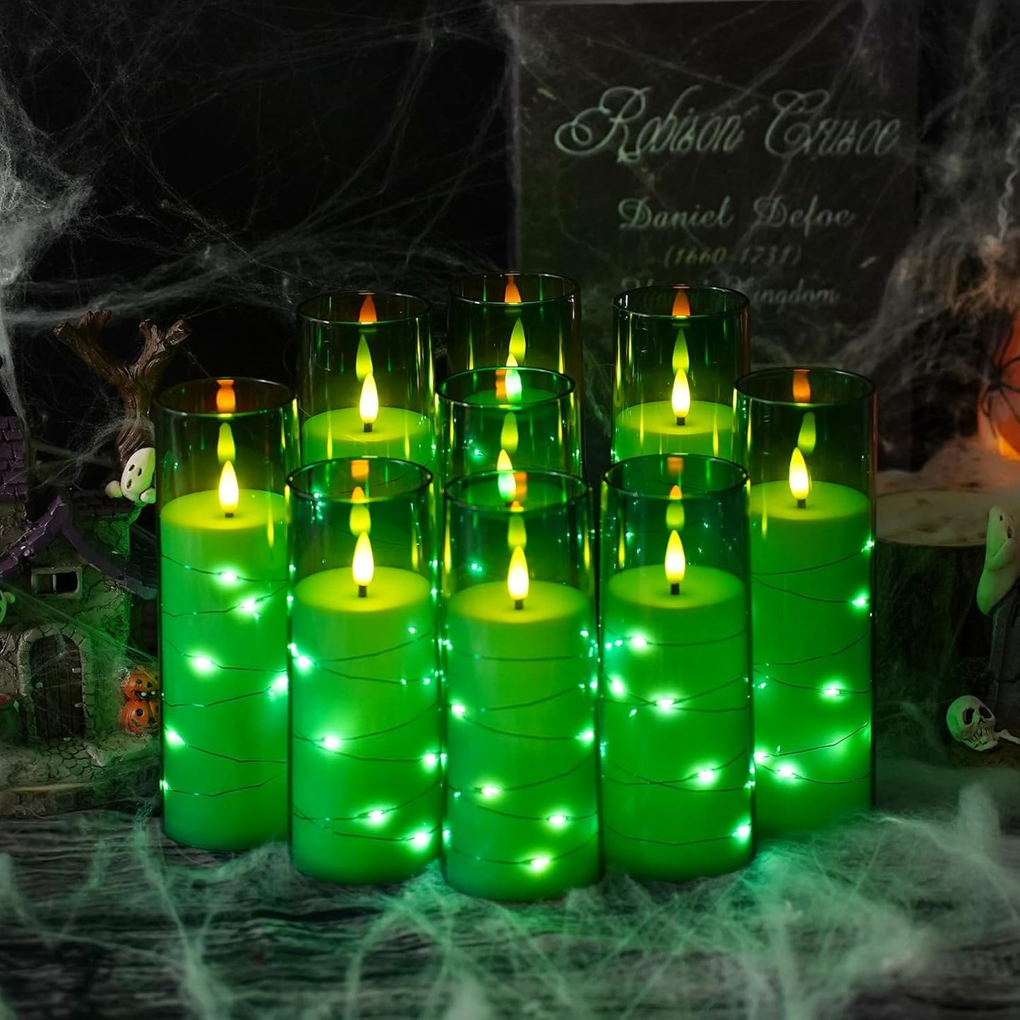Flameless LED Candles with Timer 9 Pc Flickering Flameless Candles for Romantic Ambiance and Home Decoration Stable Acrylic Shell,with Embedded Star String,Battery Operated Candles(Green)