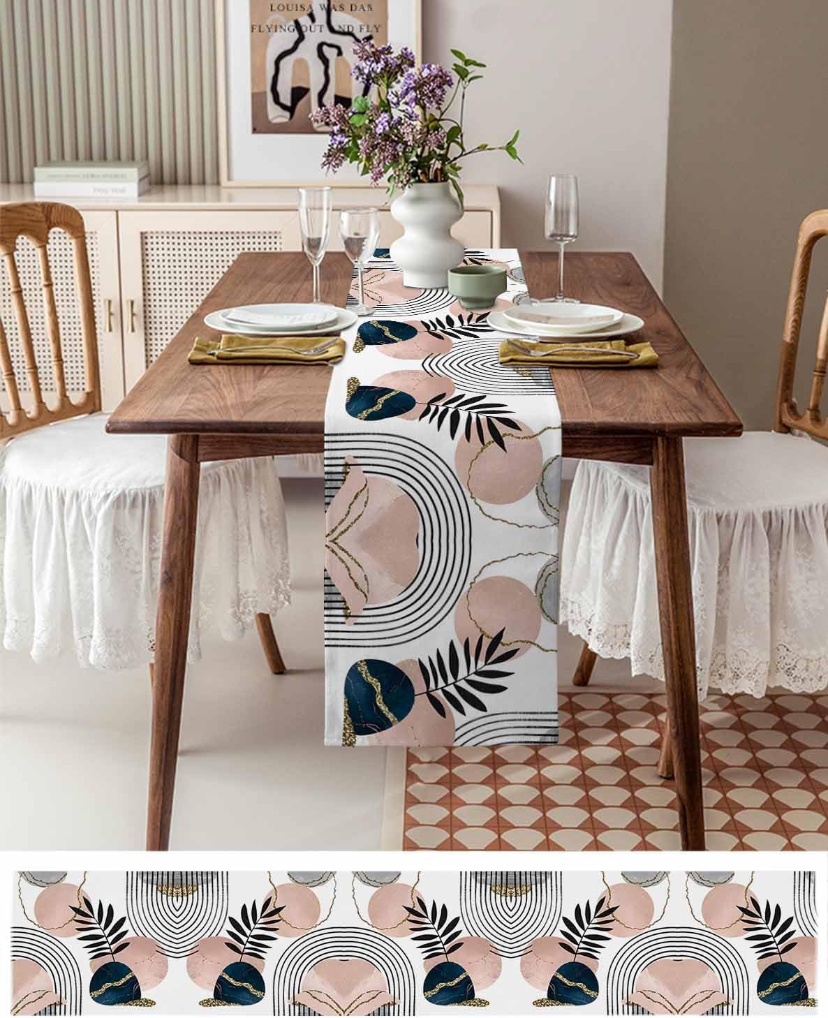 Modern Boho Cotton Linen Table Runner for Dining Kitchen, Wedding Outdoor Party Tablerunners Decoration, Abstract Bohemian Tropical Palm Leaf Dresser Scarf Coffee Tablecloth Runners 13x48 Inches