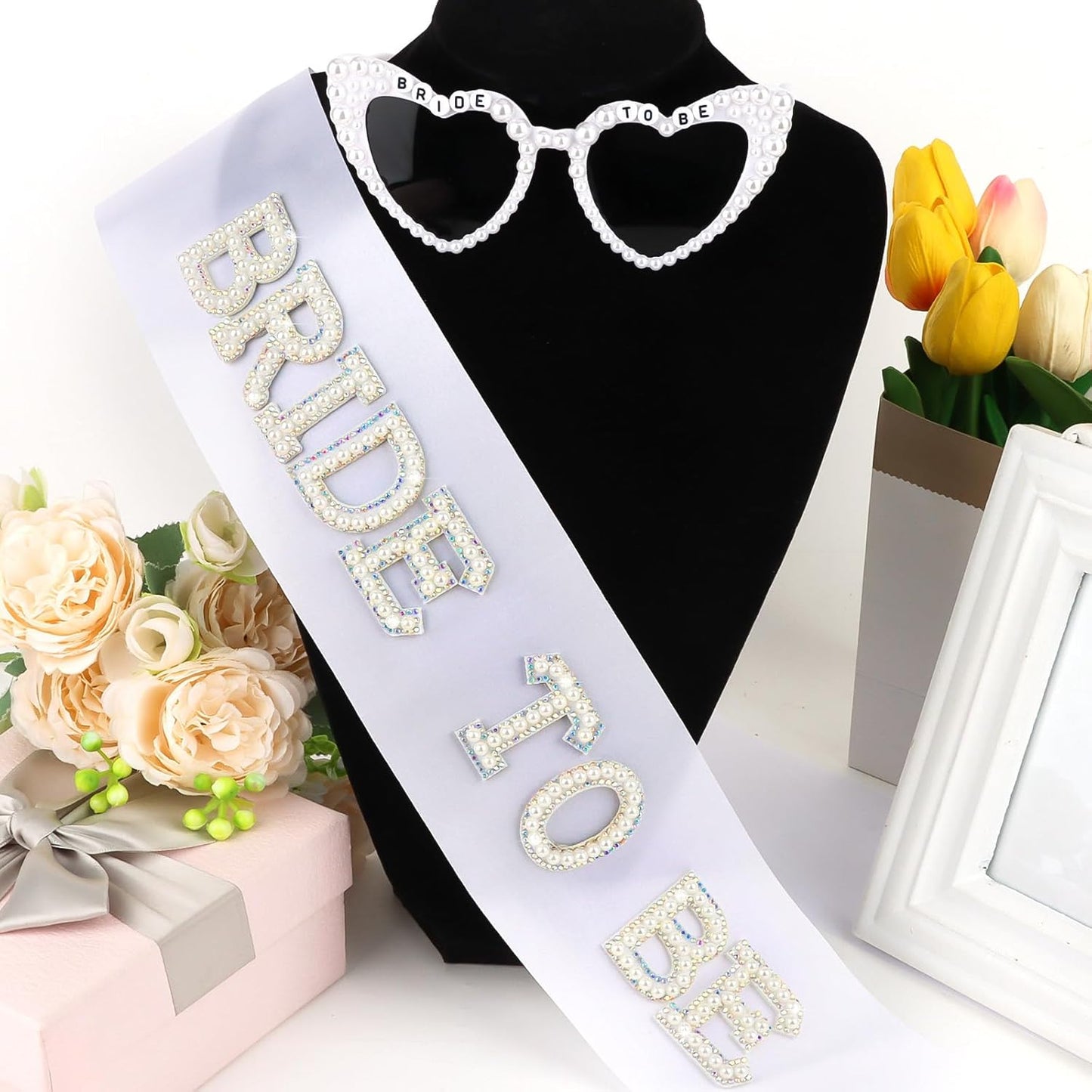 White Bride Sash & Heart Sunglasses Set Bachelorette Party Decorations Bridal Shower Engagement Party Decorations