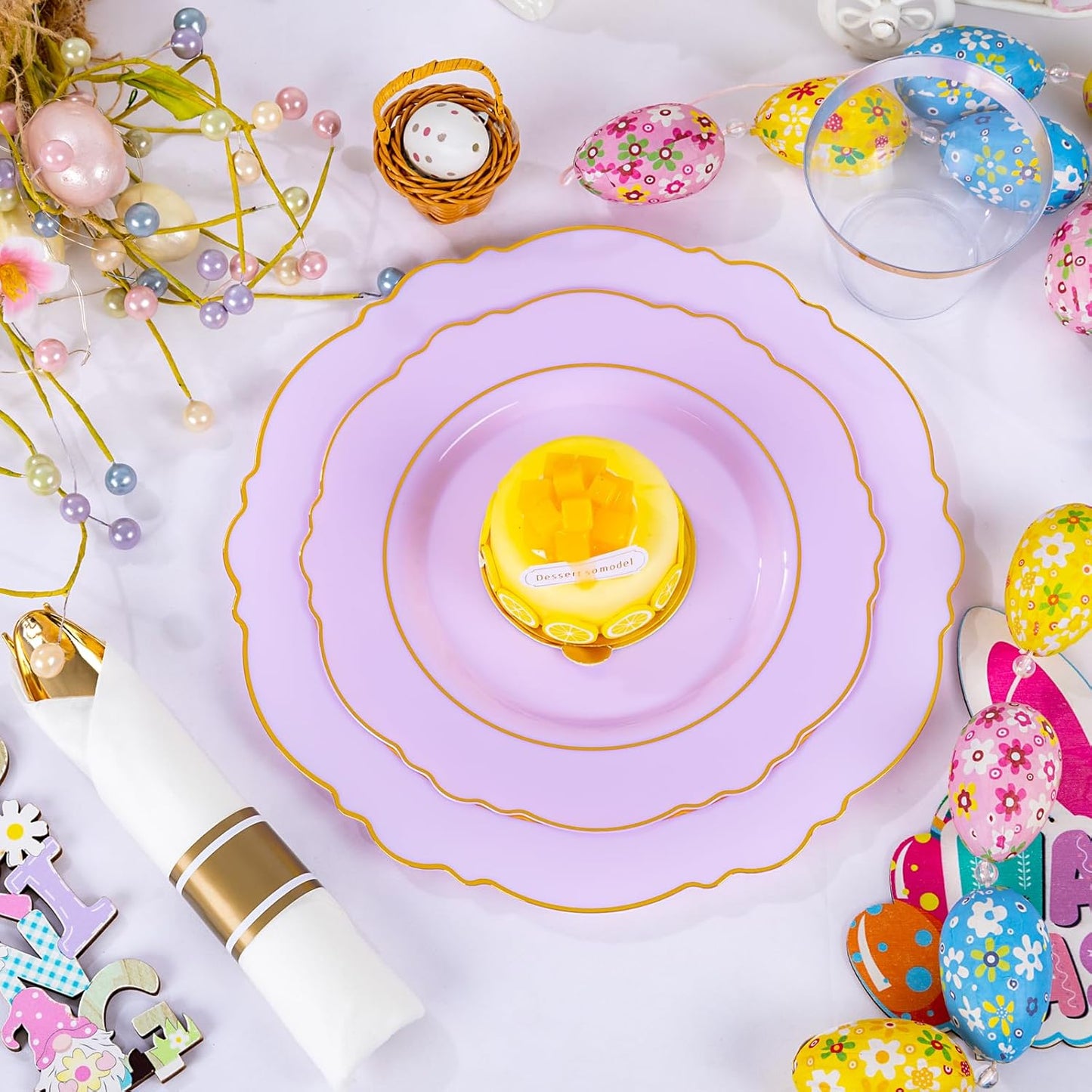 Liacere 350PCS Purple Plastic Plates - Disposable Light Purple and Gold Plates 50guest Baroque Plastic Dinnerware include 100Plates, 50Pack Pre Rolled Napkins with Silverware 50Cups for Mother's Day