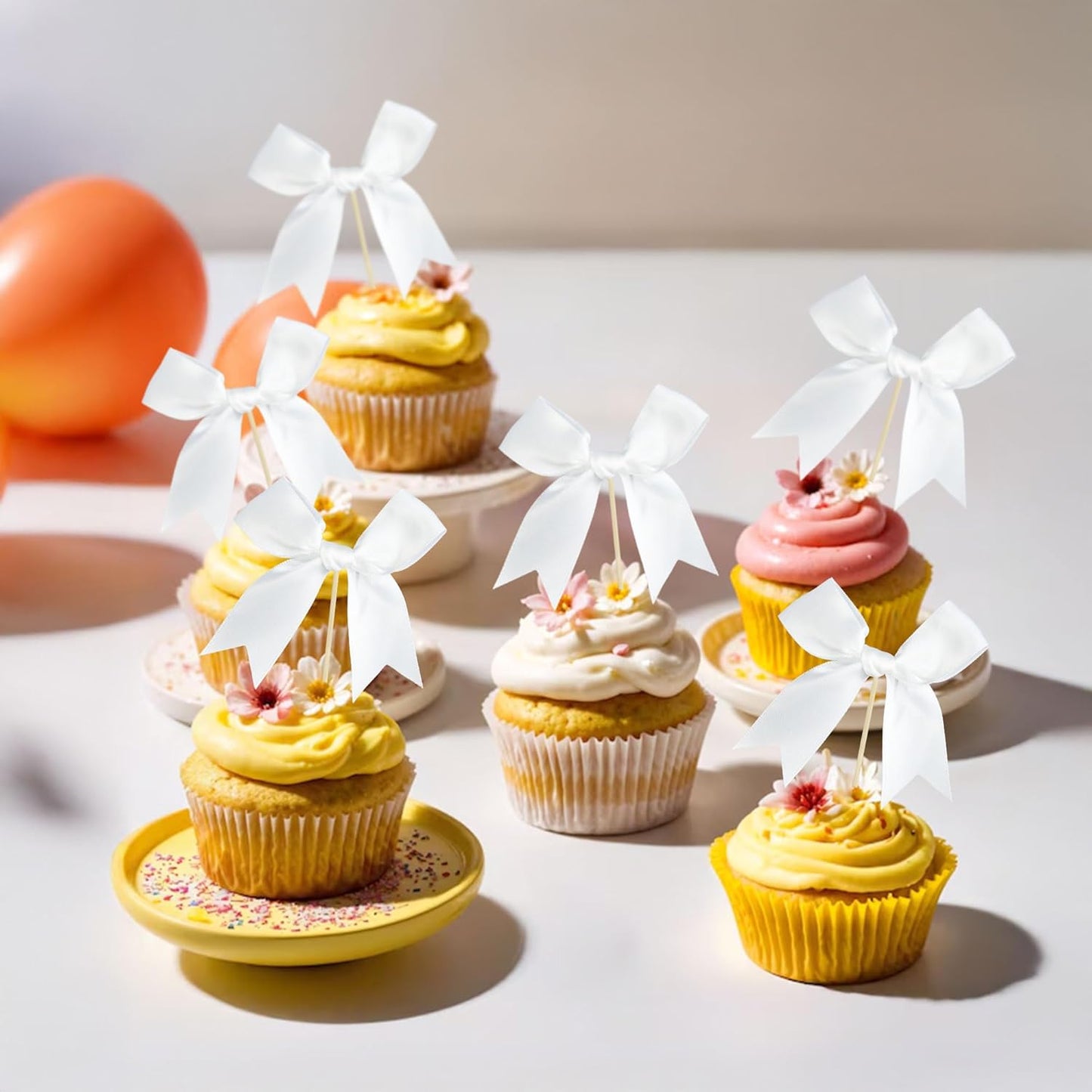 Gyufise 24Pcs Bow Cupcake Toppers Coquette Bow Girls Birthday Cake Decorations Bowknot Cake Toppers Bowknot Cupcake Picks for Baby Shower Birthday Wedding Bridal Engagement Party Supplies White