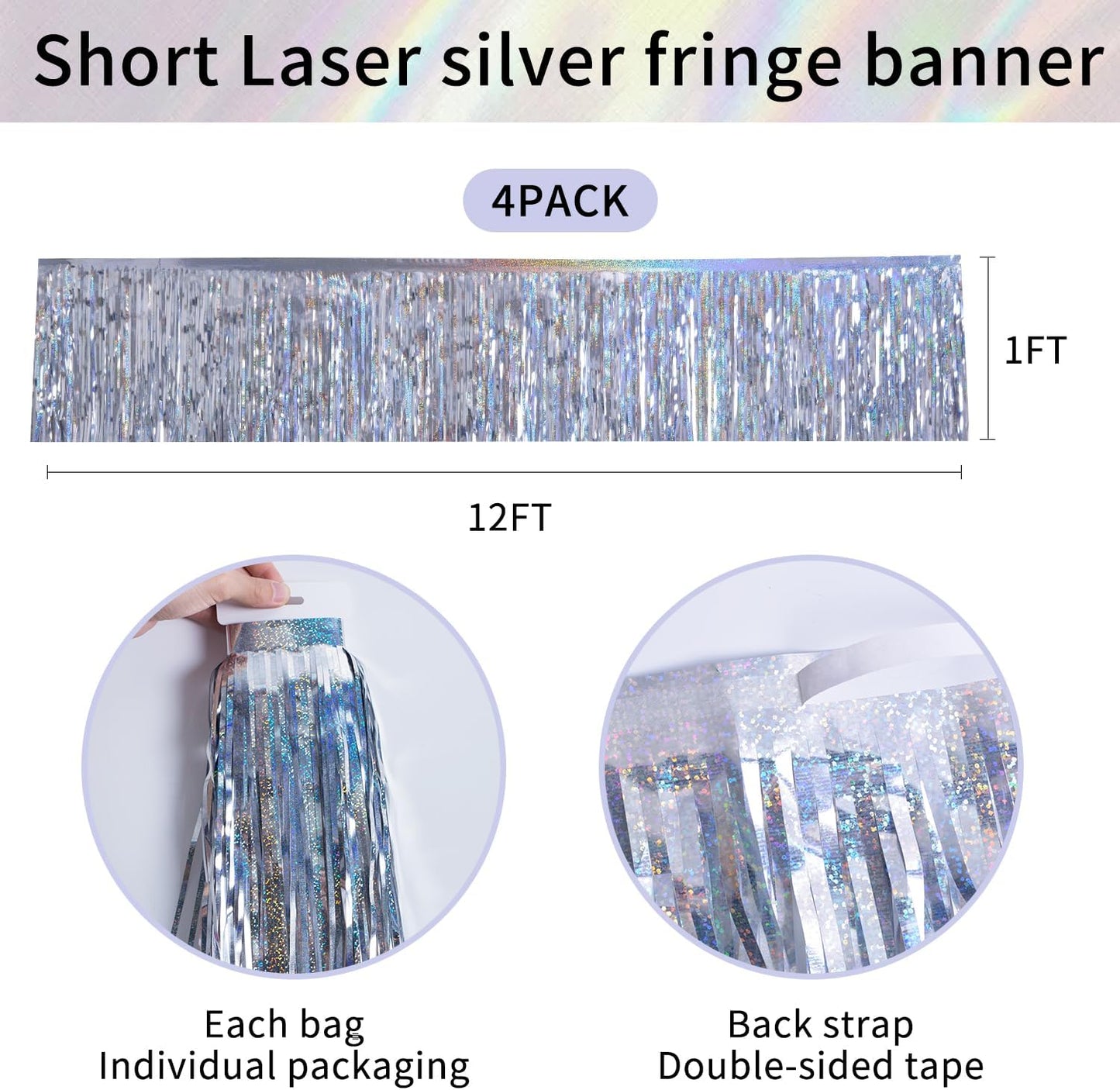 Laser Silver Birthday Decorations Tinsel Garland Parade Float Decorations for Trailer 4Pack 12FT Christmas Party Decor Ceiling Fringe Banner Silver Backdrop for Streamers Party Decorations