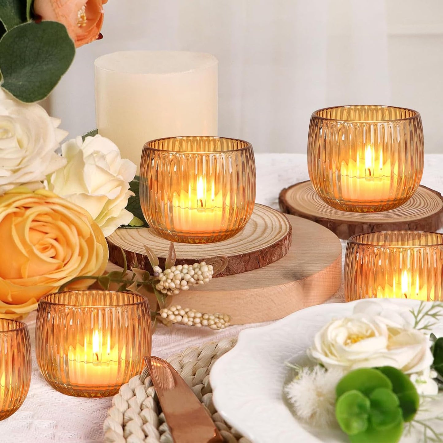 Set of 6 Ribbed Glass Votive Candle Holders, Gold Glass Tealight Holders for Taper Candles - Elegant Table Centerpieces for Weddings, Christmas, Parties, and Home Decor