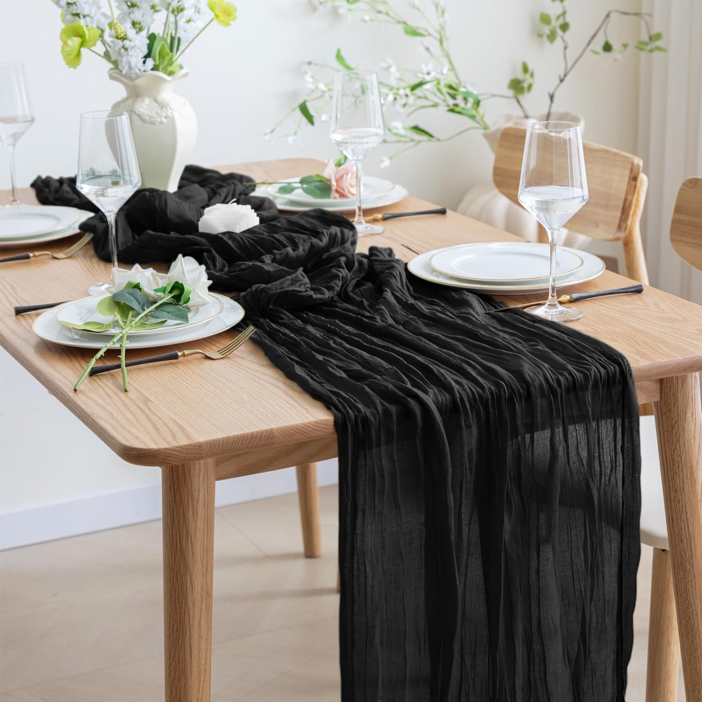 Asee'm 6pcs Cheesecloth Table Runner 120 Inches Long Black Boho Gauze Cheese Cloth Runner 10FT Rustic Sheer Table Runners for Christmas Wedding Party Baby Shower Spring Easter Decoration