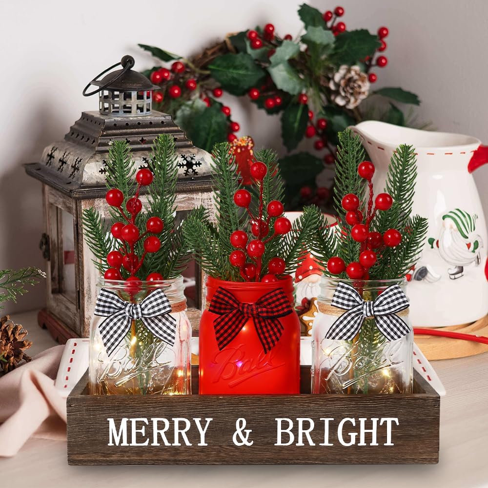 DIYDEC 3PCS Christmas Mason Jars 3*5Inch lighting Painted Xmas Tiered Tray Decorative Jars with Wood Tray &Artificial Flowers Wishing Bottles for Winter Holiday Home Table Centerpiece Decor Gift (Red)