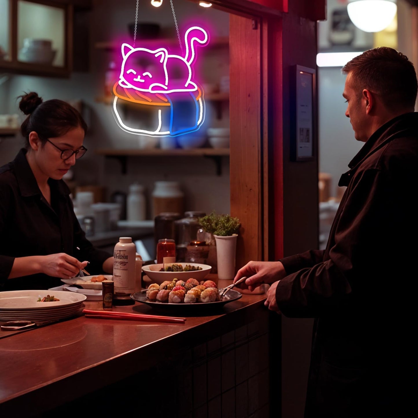 Cute Sushi Cat Neon Sign for Bedroom,Light Up Cat Sign for Pet Store Wall Decor,Kawaii LED Neon Light for Cat Sushi Lovers,Pink Cat Wall Sign for Girls Room,Animal Neon Light Up Wall Art