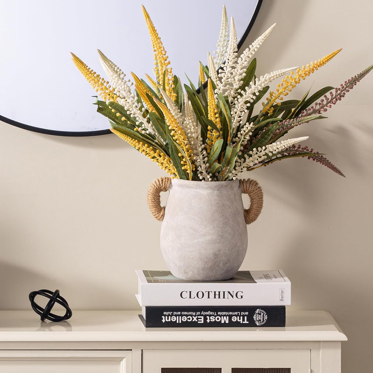 Ceramic Flower Vase Home Decor - 7.1 Inch White Rustic Table Flowers Vases Living Room Bedroom Plant Decoration Modern Farmhouse Vintage for Kitchen Shelf Office Coffee Dining Desk House Women