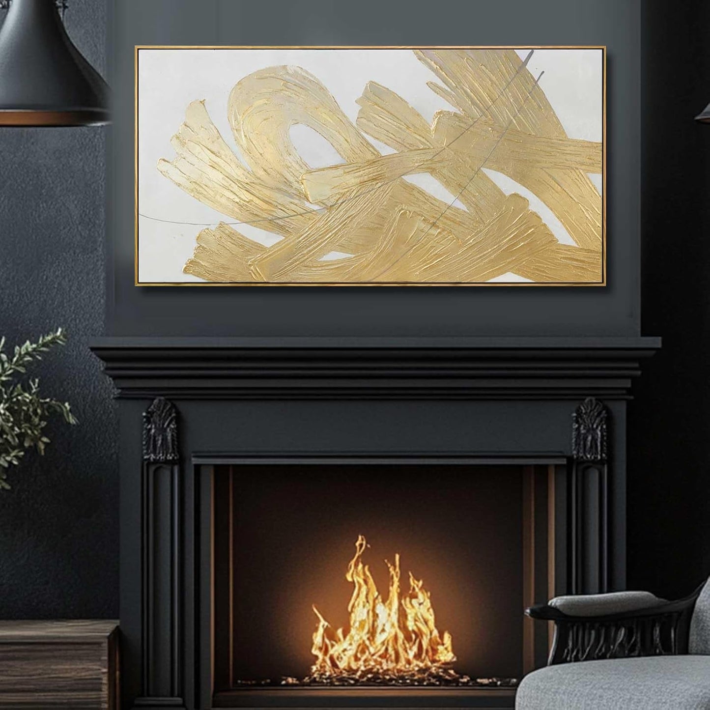 Gold Framed Canvas Art Abstract Wall Decor White Picture Decor 24"x48" Canvas Wall Art for Bedroom Oil Painting for Kitchen