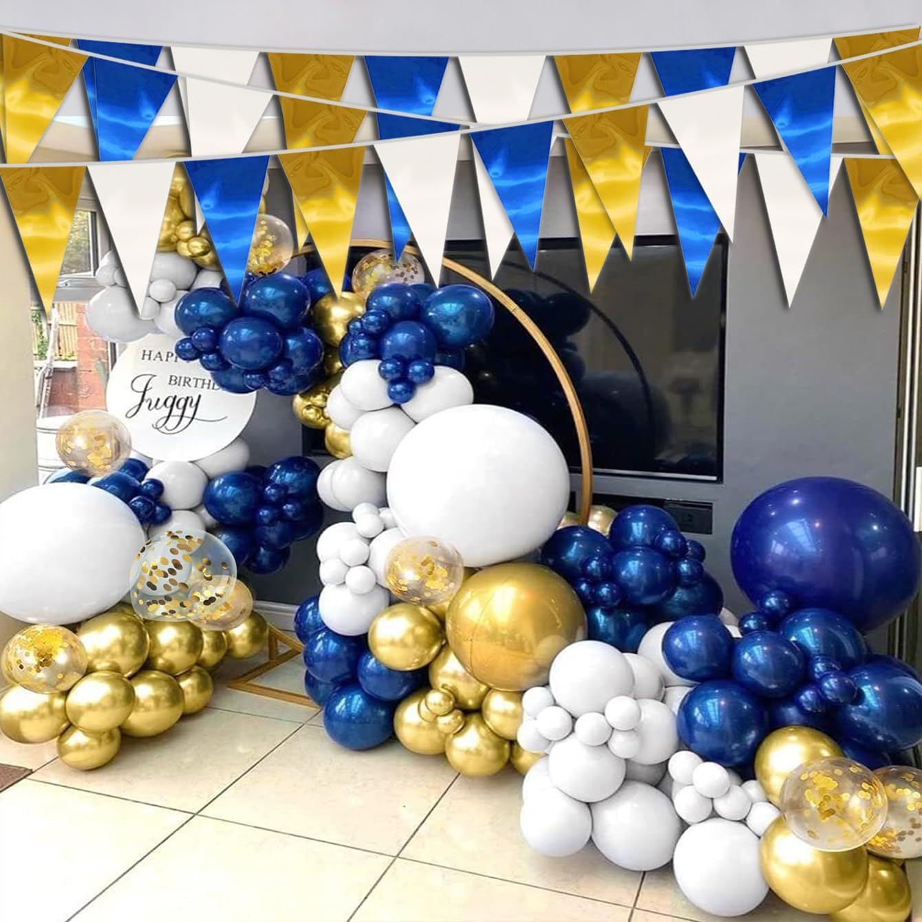 130FT Navy-Blue White Gold Triangle Pennant Banner Flag Metallic Fabric Bunting Garland for Christmas Graduation Retirement Birthday Wedding Bridal Shower Nautical Ahoy Achor Party Decorations Supply