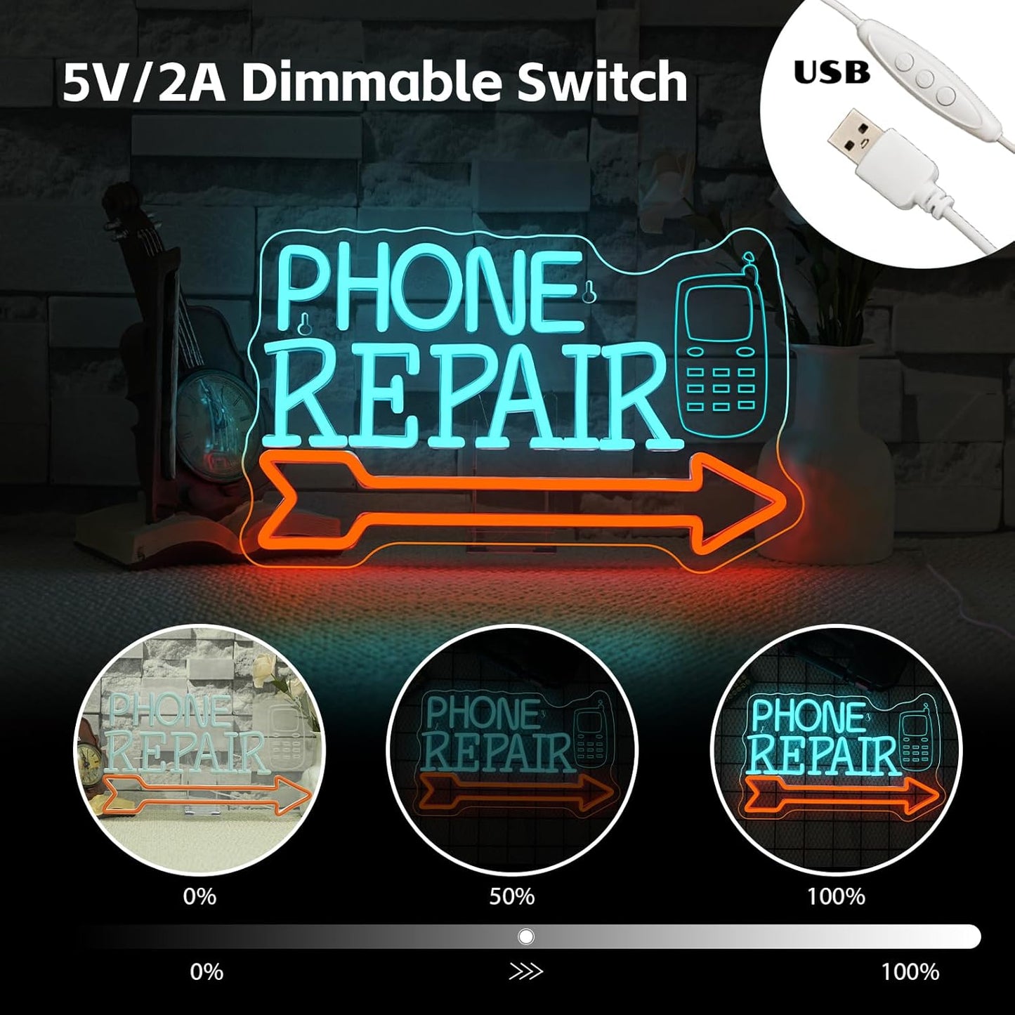 Looklight Phone Repair Neon Sign Dimmale Neon Lights For Wall Decor Led Lights ForMobile Phone Repair Shop Business Cellphone Repair Shop Decor USB Powered 14.6x9.1in