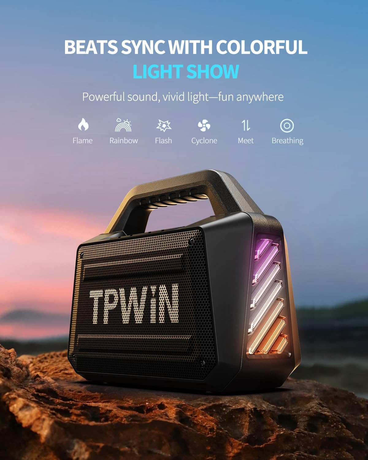 Bluetooth Speaker - 80W Loud Rugged Outdoor Speakers, IPX6 Waterproof, 20H Playtime, Deep Bass, Lightshow, TWS, BT 5.3 Wireless, Portable for Travel Hiking Camping Beach Pool - Black