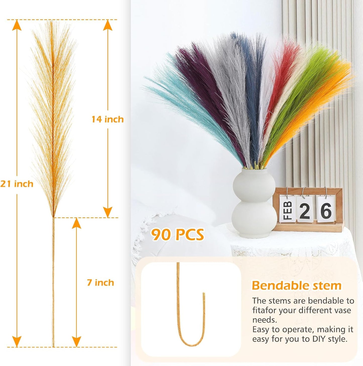 90 Pcs Rainbow Pampas Grass Decor 21.7 Inch Faux Pampas Grass Bulk Artificial Dried Flowers Small Vase Filler Pompas Grass.